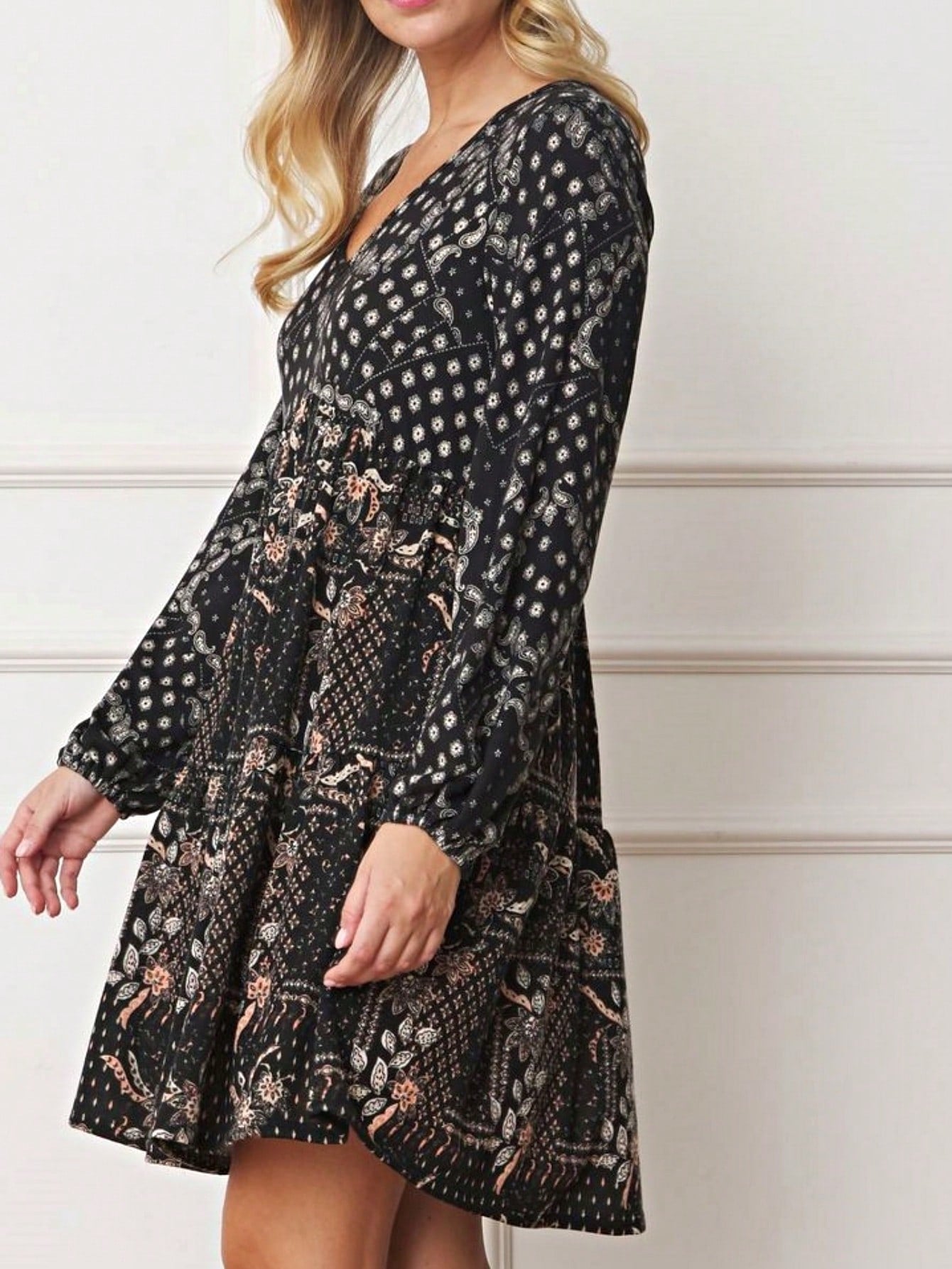 Boho Retro Half  Long Balloon Sleeve Ruffle Bell  Tiered Patch Work Flower Tiered Knit Dress