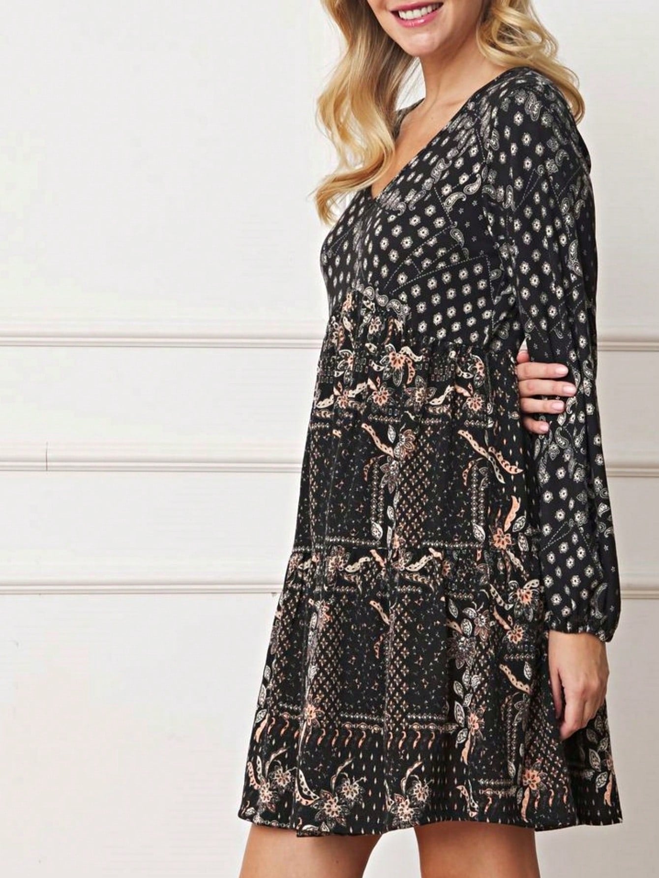 Boho Retro Half  Long Balloon Sleeve Ruffle Bell  Tiered Patch Work Flower Tiered Knit Dress