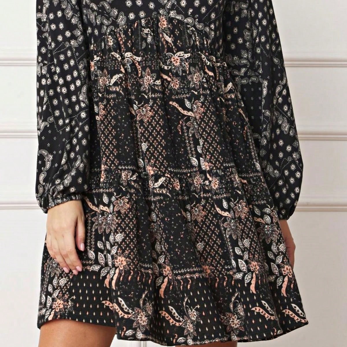 Boho Retro Half  Long Balloon Sleeve Ruffle Bell  Tiered Patch Work Flower Tiered Knit Dress