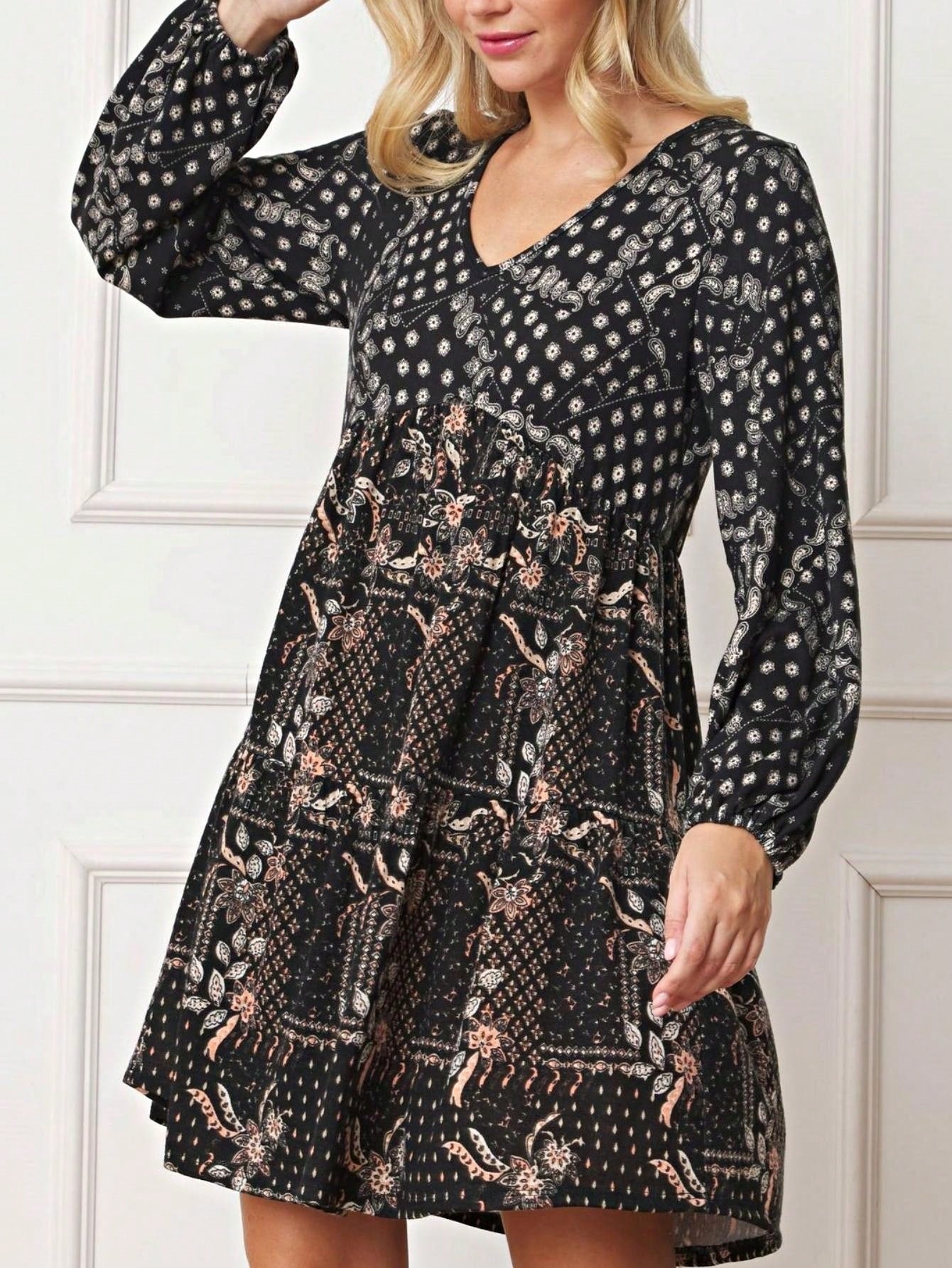 Boho Retro Half  Long Balloon Sleeve Ruffle Bell  Tiered Patch Work Flower Tiered Knit Dress