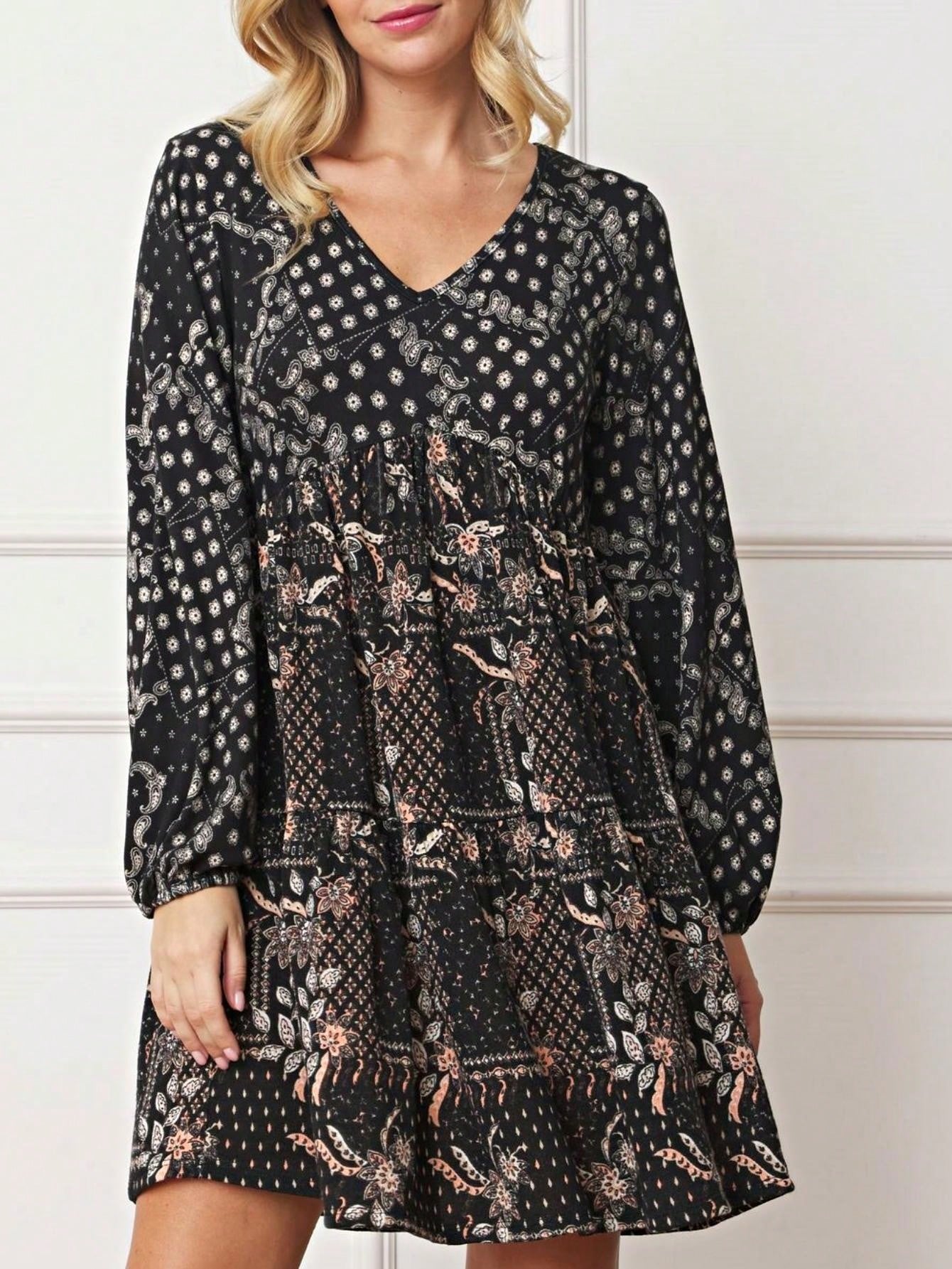 Boho Retro Half  Long Balloon Sleeve Ruffle Bell  Tiered Patch Work Flower Tiered Knit Dress