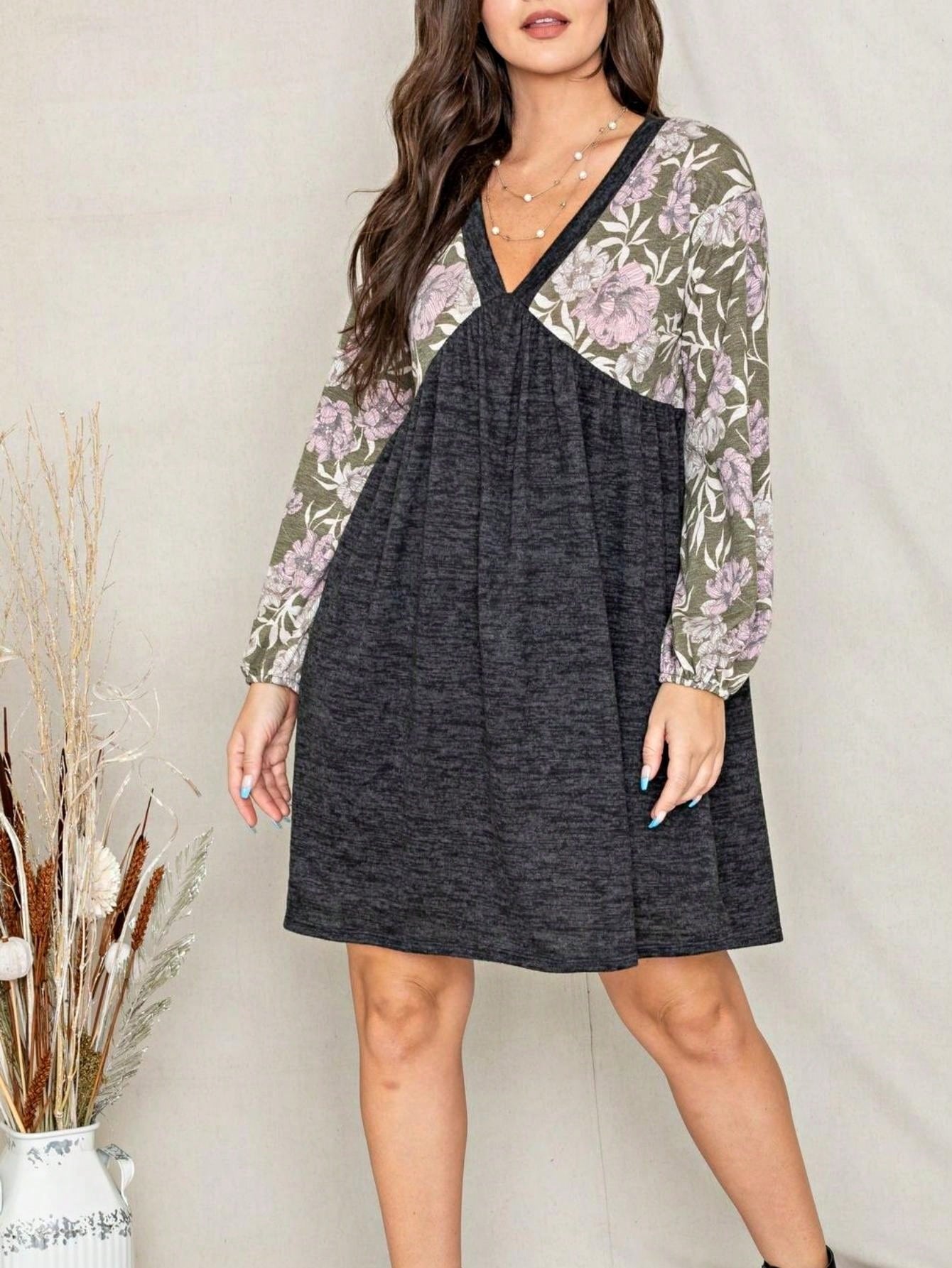 Boho Retro Half  Long Balloon Sleeve Ruffle Bell  Tiered Patch Work Flower Tiered Knit Dress