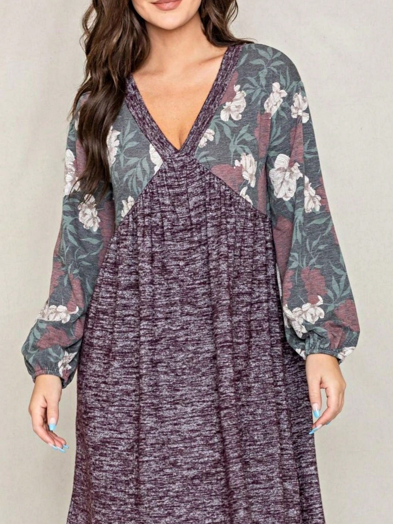 Boho Retro Half  Long Balloon Sleeve Ruffle Bell  Tiered Patch Work Flower Tiered Knit Dress