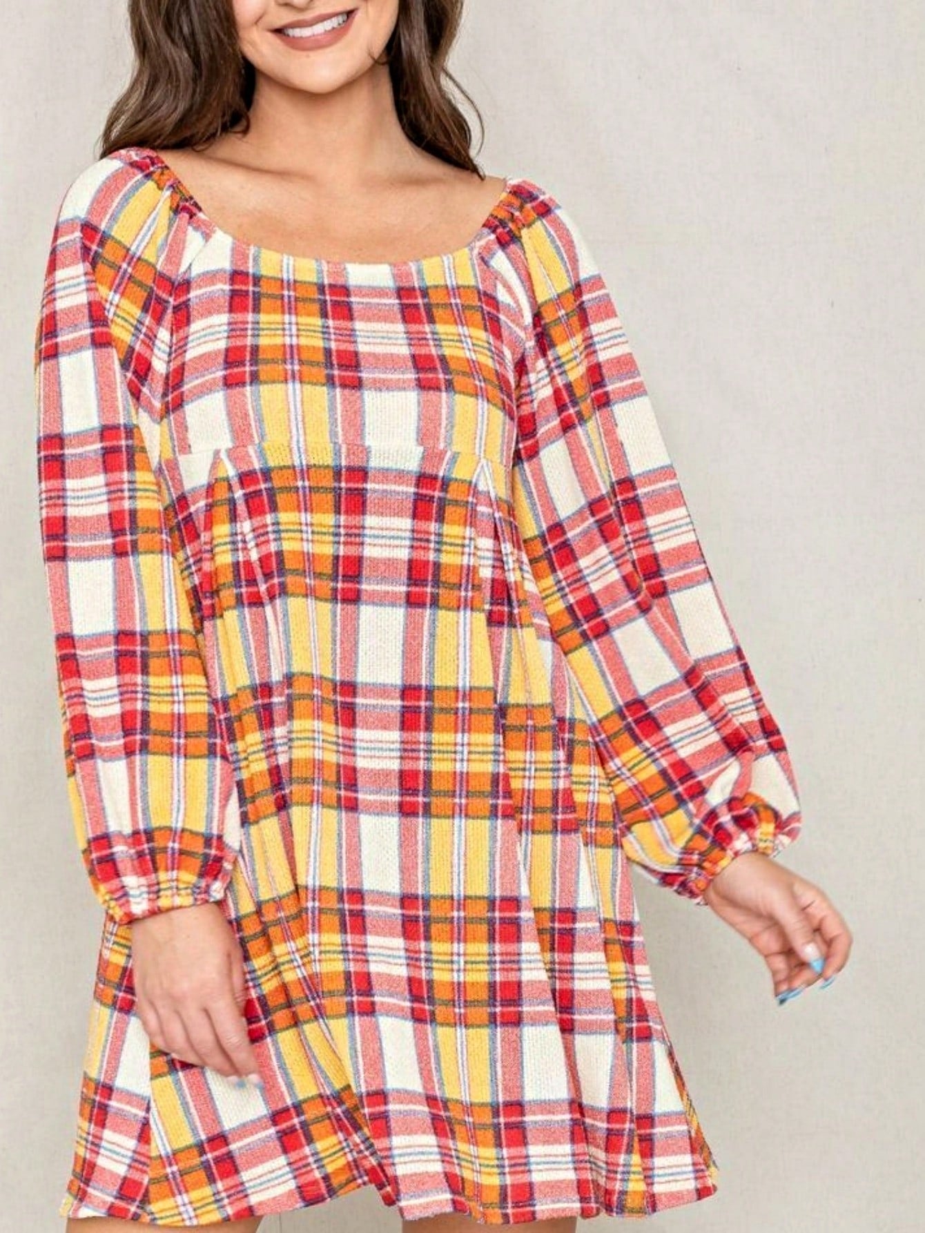 Boho Retro Knit Plaid Checker Floral Print Black Coral Cream Orange Off/One Shoulder Ruffle Sleeve Tiered Dress