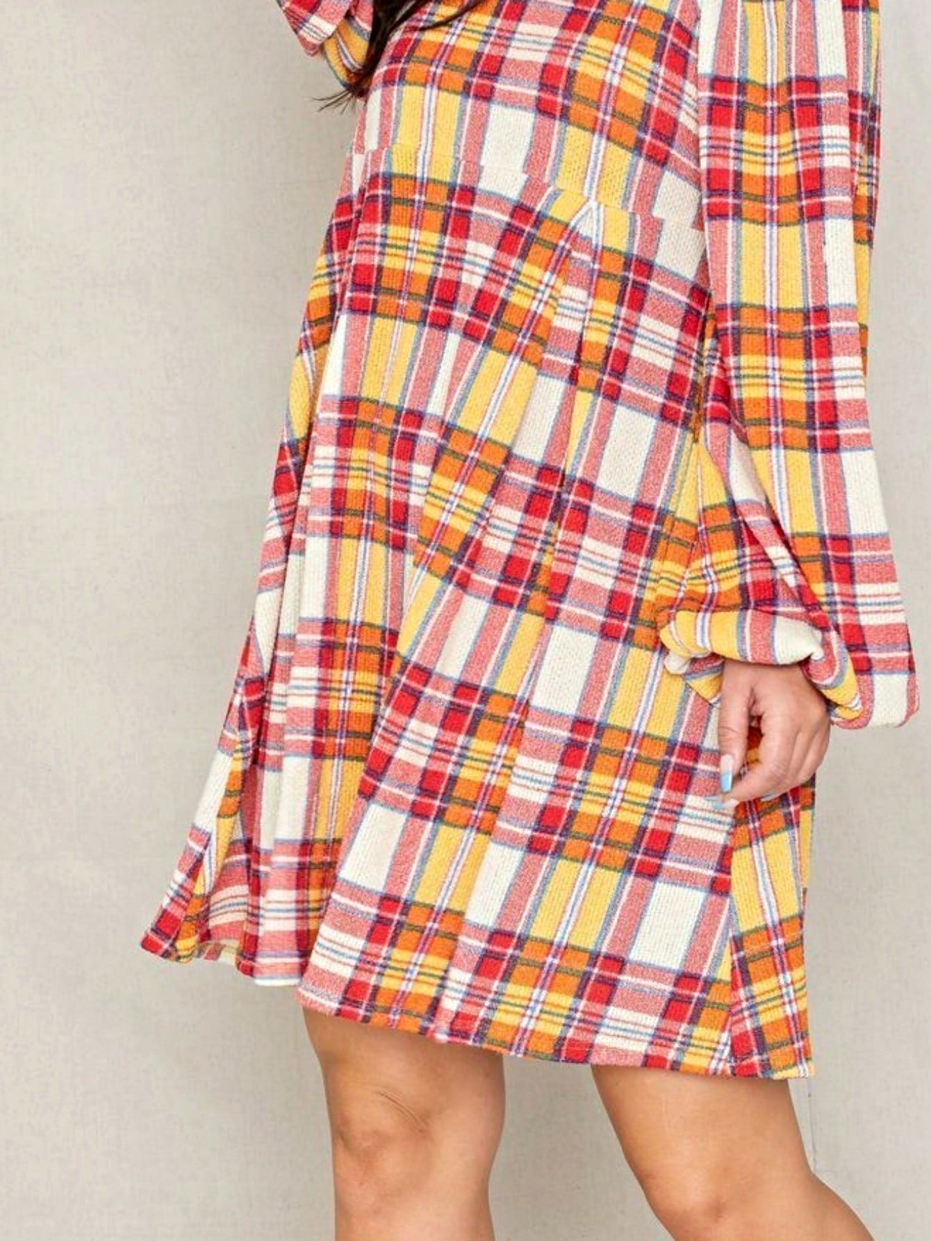 Boho Retro Knit Plaid Checker Floral Print Black Coral Cream Orange Off/One Shoulder Ruffle Sleeve Tiered Dress