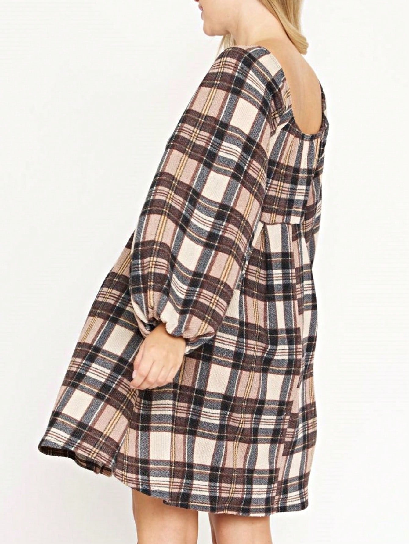 Boho Retro Knit Plaid Checker Floral Print Black Coral Cream Orange Off/One Shoulder Ruffle Sleeve Tiered Dress