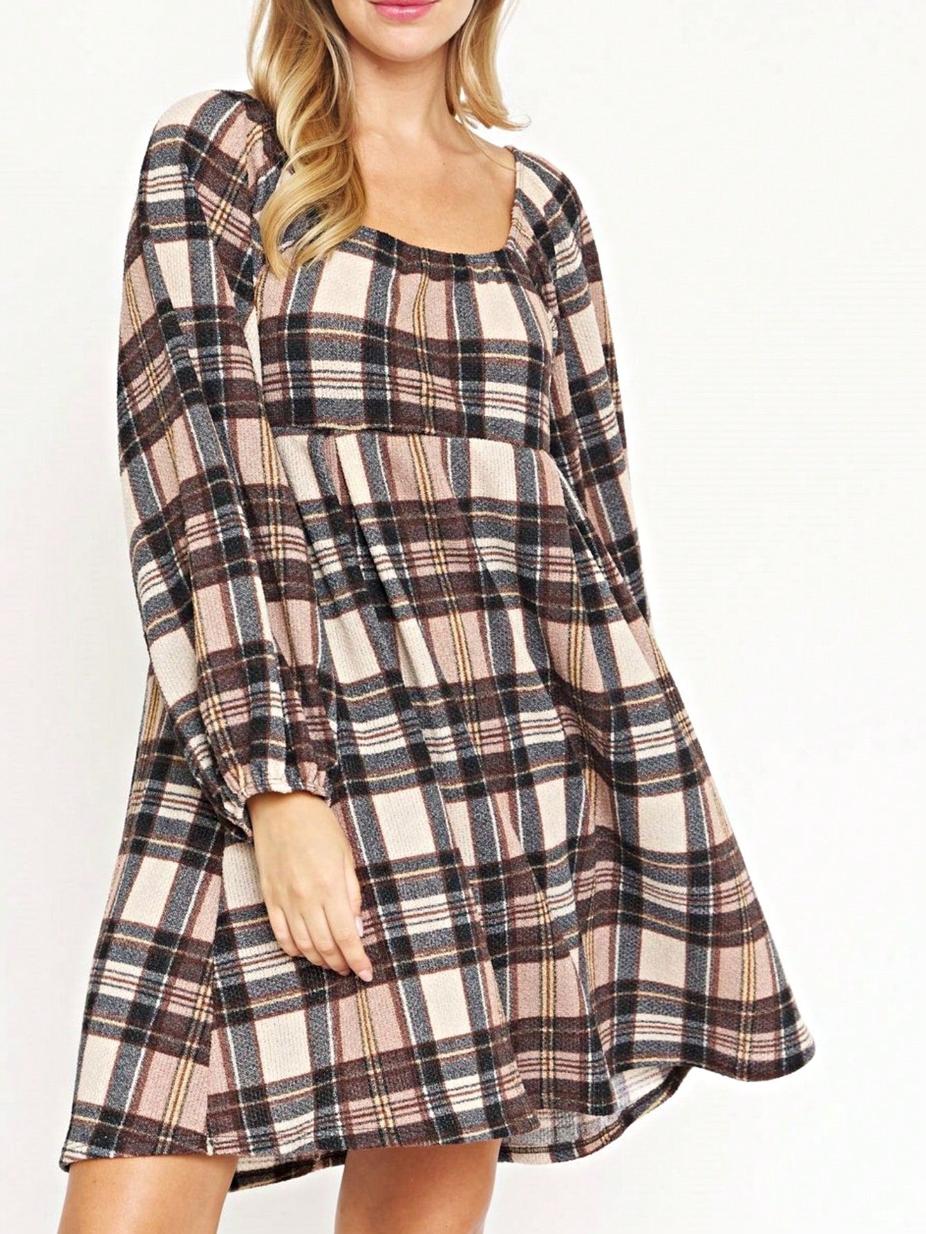 Boho Retro Knit Plaid Checker Floral Print Black Coral Cream Orange Off/One Shoulder Ruffle Sleeve Tiered Dress