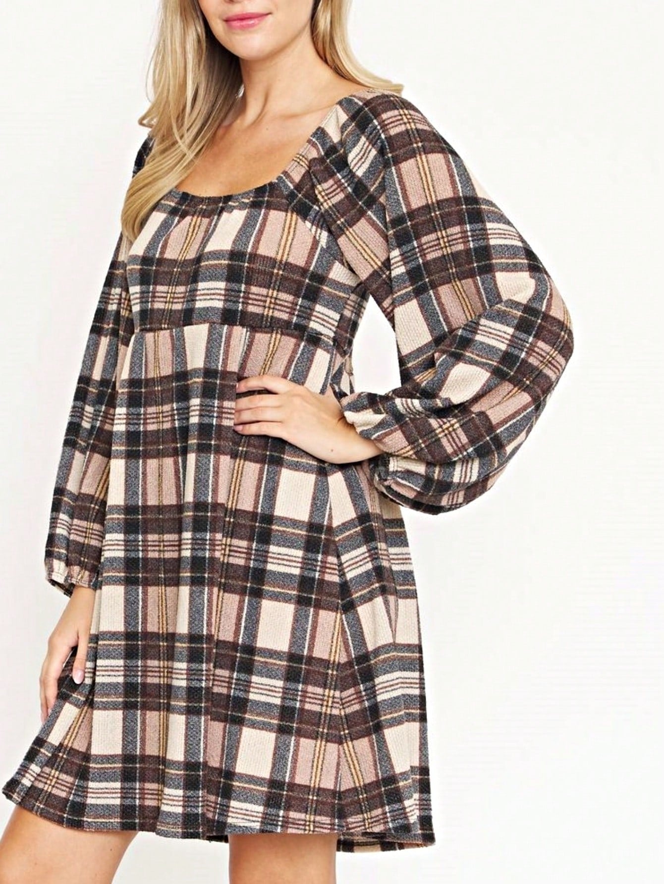 Boho Retro Knit Plaid Checker Floral Print Black Coral Cream Orange Off/One Shoulder Ruffle Sleeve Tiered Dress