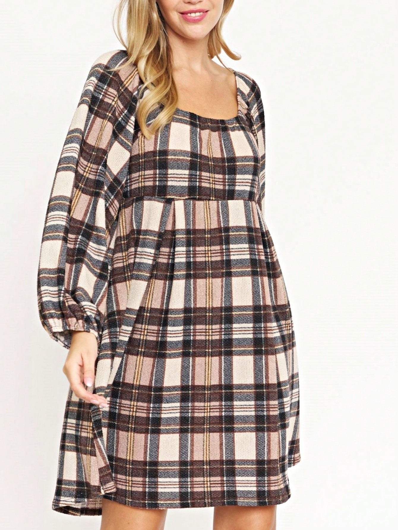 Boho Retro Knit Plaid Checker Floral Print Black Coral Cream Orange Off/One Shoulder Ruffle Sleeve Tiered Dress