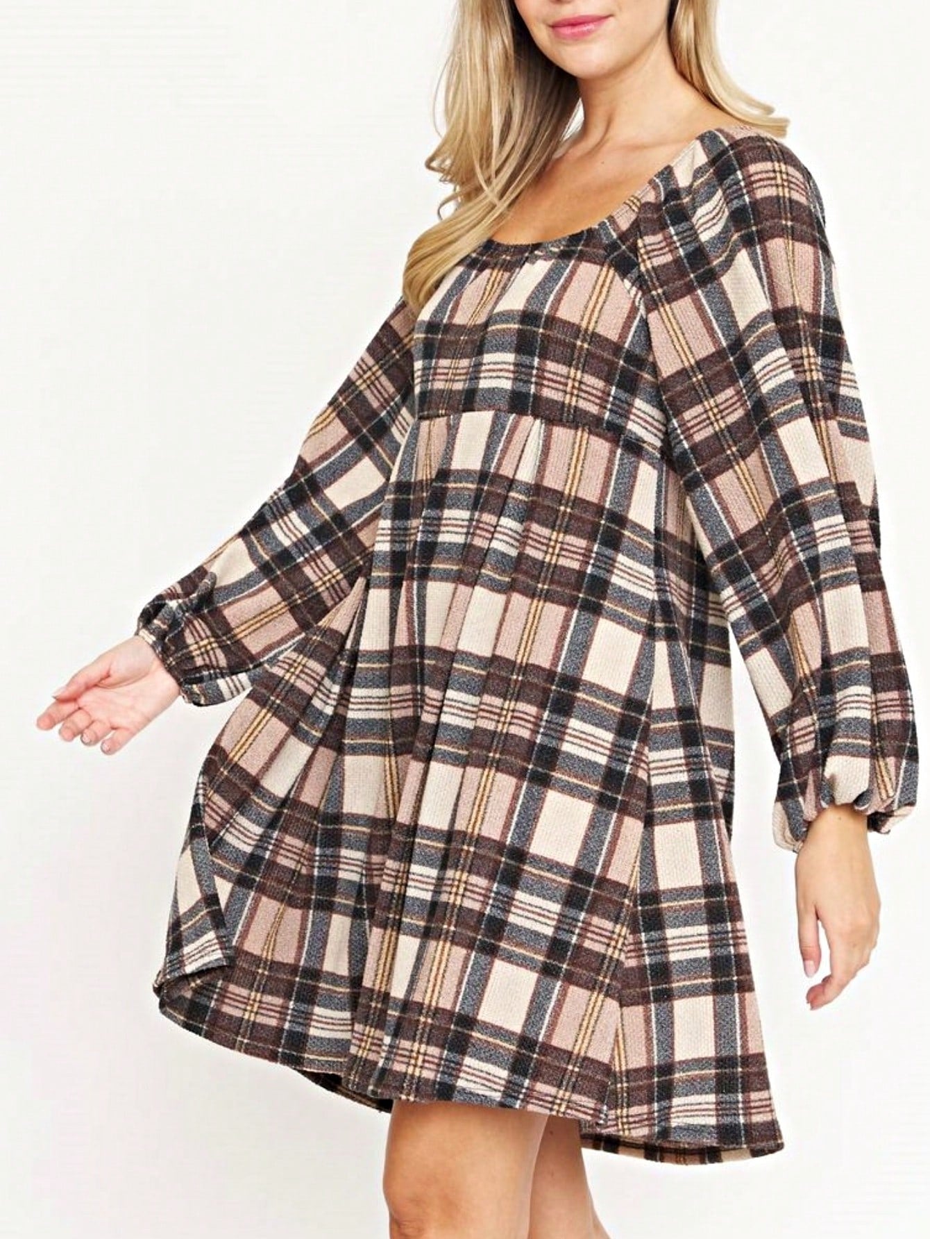 Boho Retro Knit Plaid Checker Floral Print Black Coral Cream Orange Off/One Shoulder Ruffle Sleeve Tiered Dress