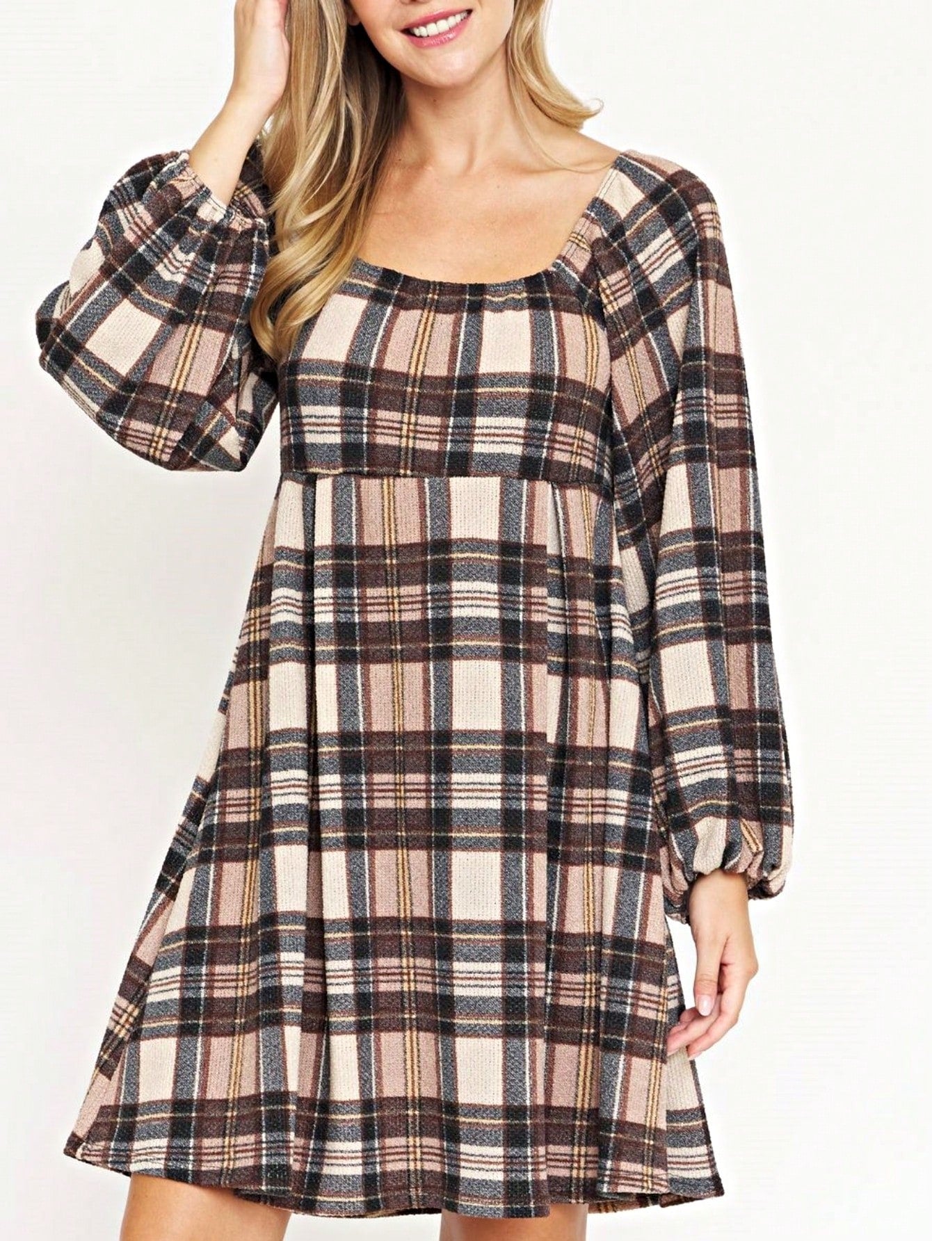 Boho Retro Knit Plaid Checker Floral Print Black Coral Cream Orange Off/One Shoulder Ruffle Sleeve Tiered Dress