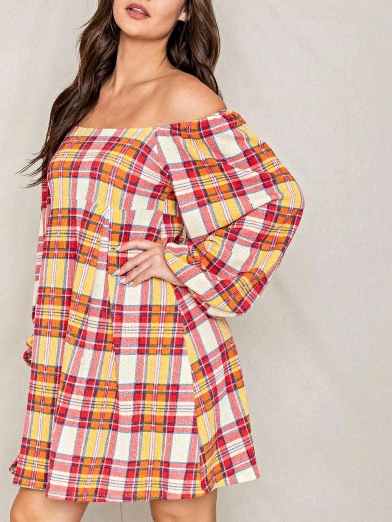 Boho Retro Knit Plaid Checker Floral Print Black Coral Cream Orange Off/One Shoulder Ruffle Sleeve Tiered Dress