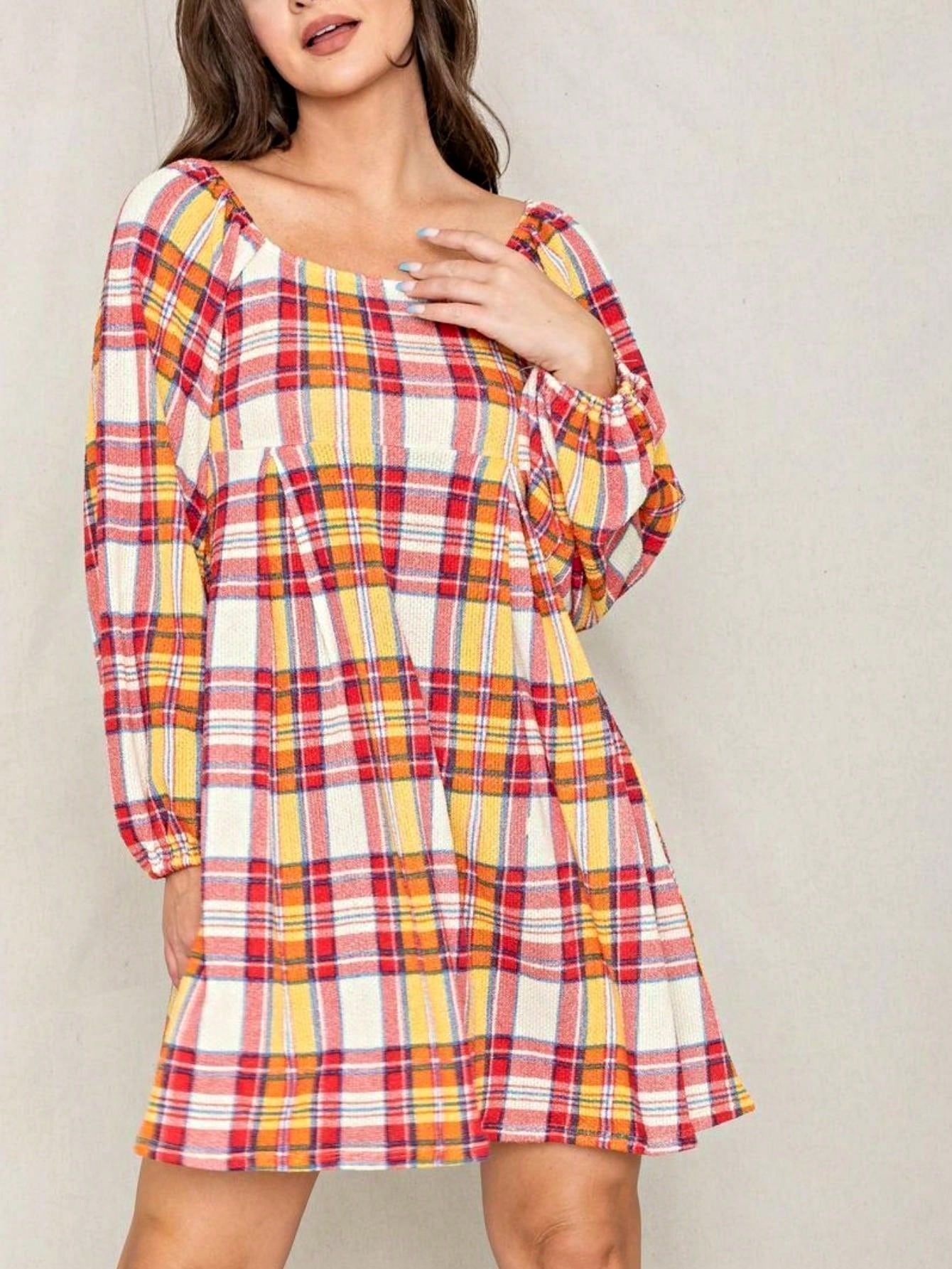 Boho Retro Knit Plaid Checker Floral Print Black Coral Cream Orange Off/One Shoulder Ruffle Sleeve Tiered Dress