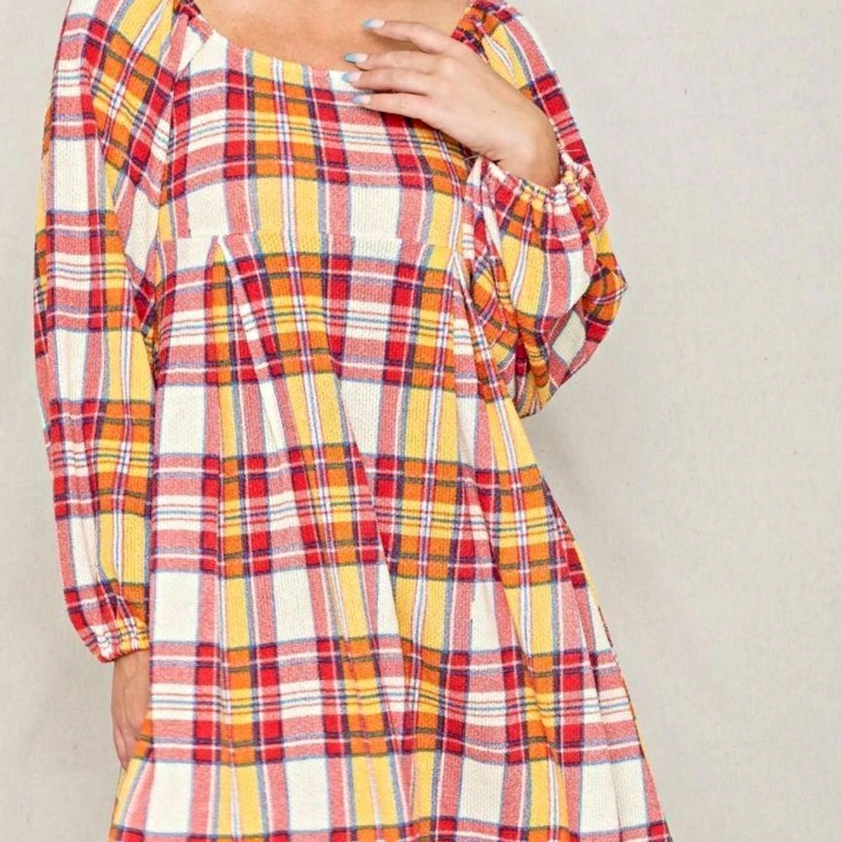 Boho Retro Knit Plaid Checker Floral Print Black Coral Cream Orange Off/One Shoulder Ruffle Sleeve Tiered Dress