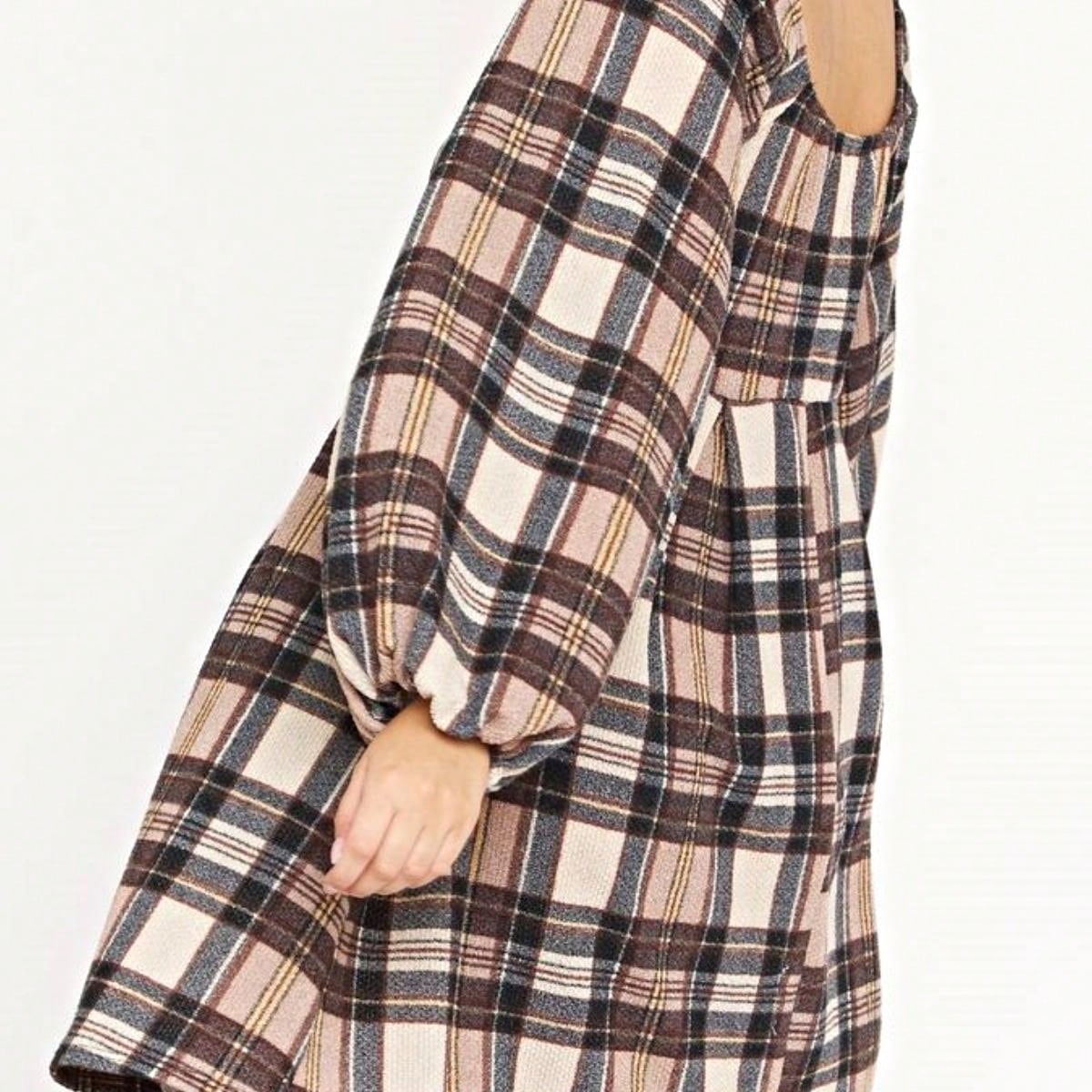 Boho Retro Knit Plaid Checker Floral Print Black Coral Cream Orange Off/One Shoulder Ruffle Sleeve Tiered Dress
