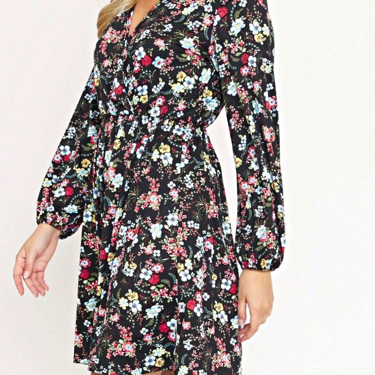 Boho Retro Half  Long Balloon Sleeve Ruffle Bell  Tiered Patch Work Flower Tiered Knit Dress