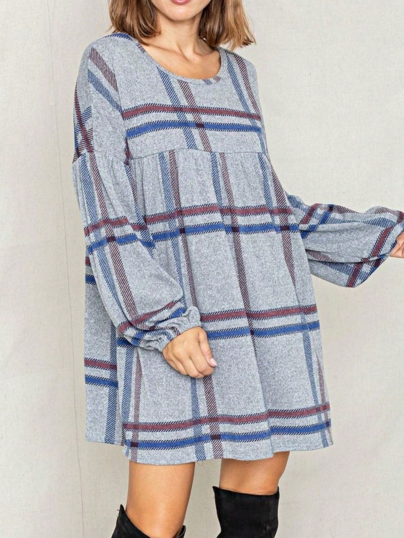 Boho Retro Knit Plaid Checker Floral Print Black Coral Cream Orange Off/One Shoulder Ruffle Sleeve Tiered Dress