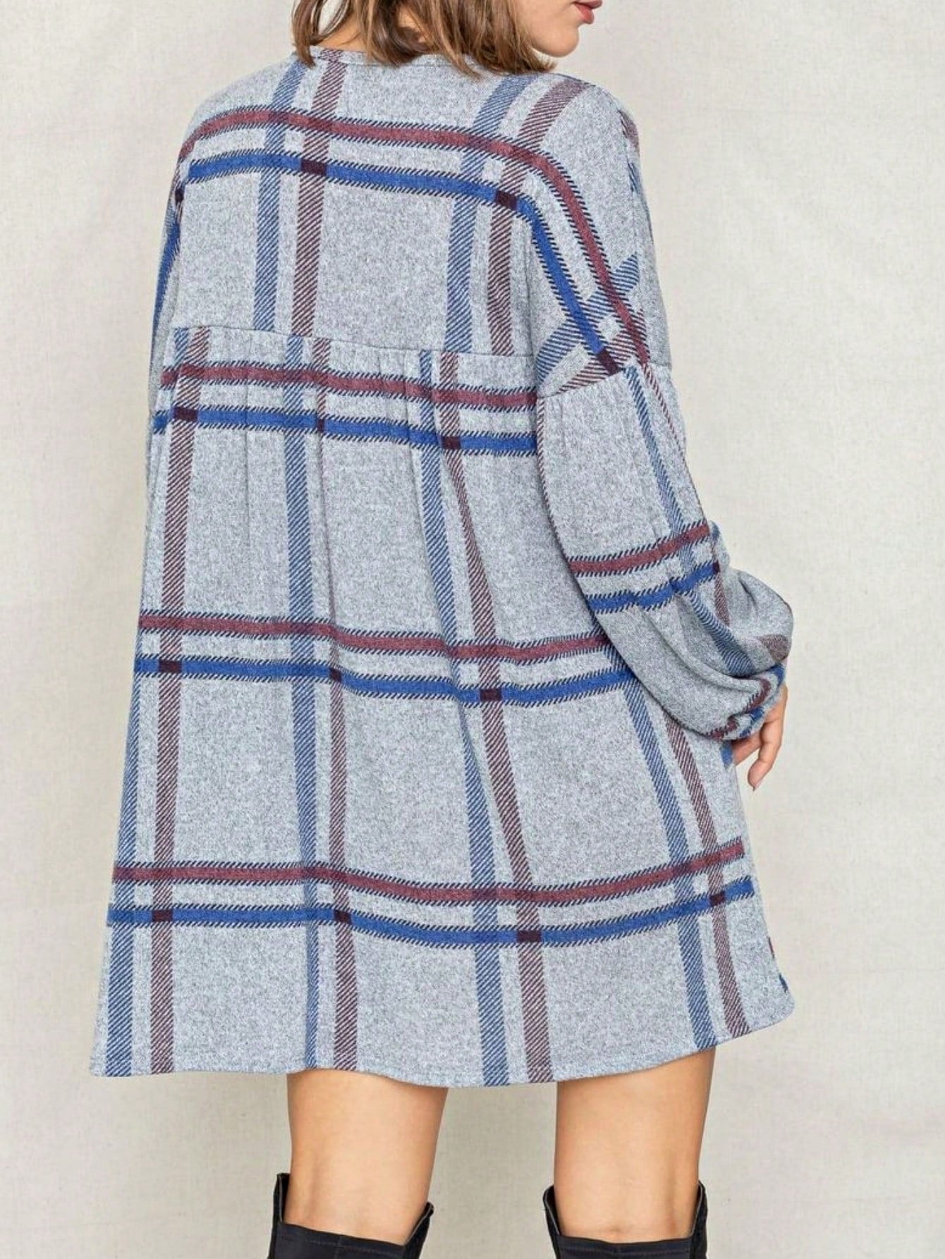 Boho Retro Knit Plaid Checker Floral Print Black Coral Cream Orange Off/One Shoulder Ruffle Sleeve Tiered Dress