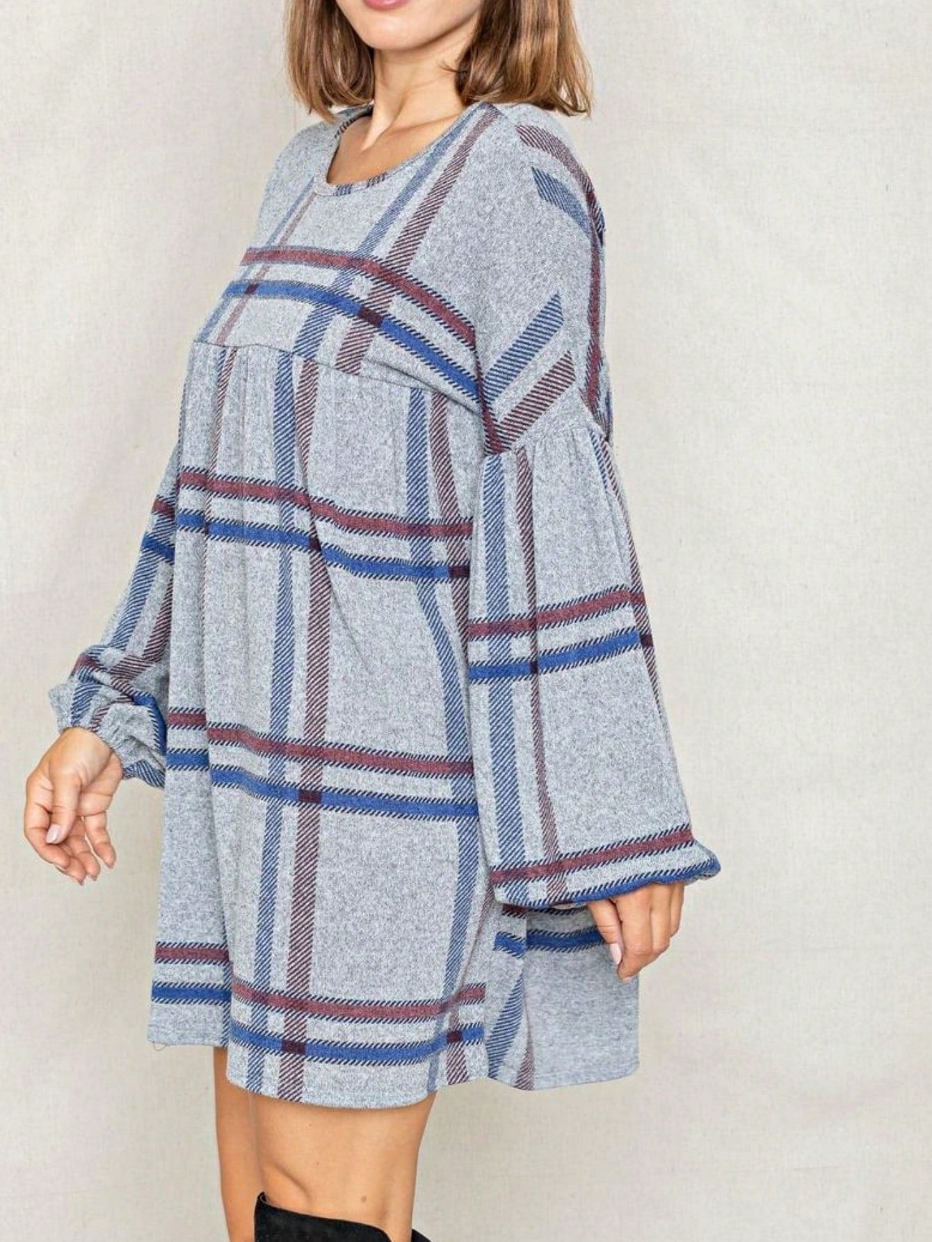Boho Retro Knit Plaid Checker Floral Print Black Coral Cream Orange Off/One Shoulder Ruffle Sleeve Tiered Dress