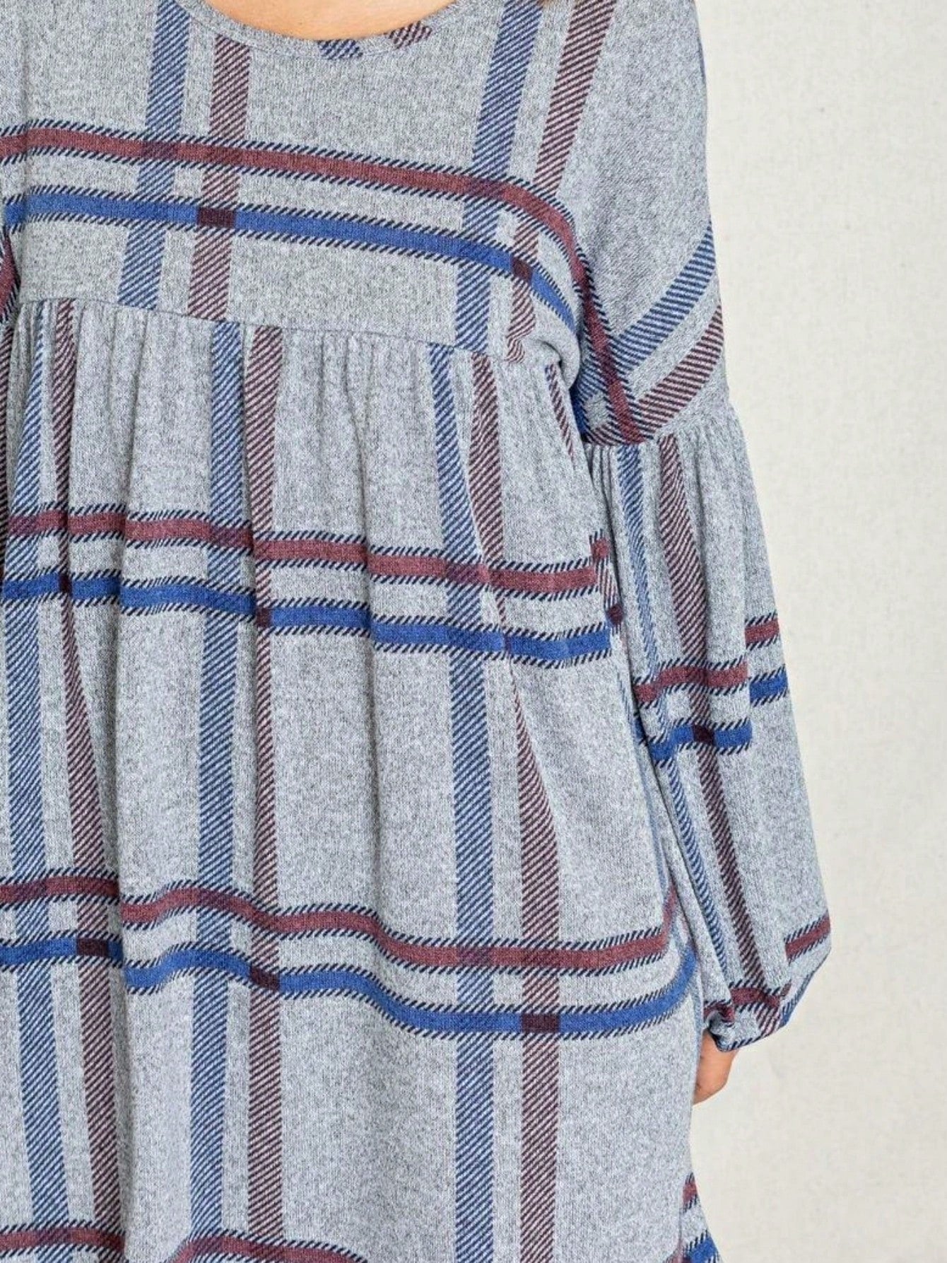 Boho Retro Knit Plaid Checker Floral Print Black Coral Cream Orange Off/One Shoulder Ruffle Sleeve Tiered Dress