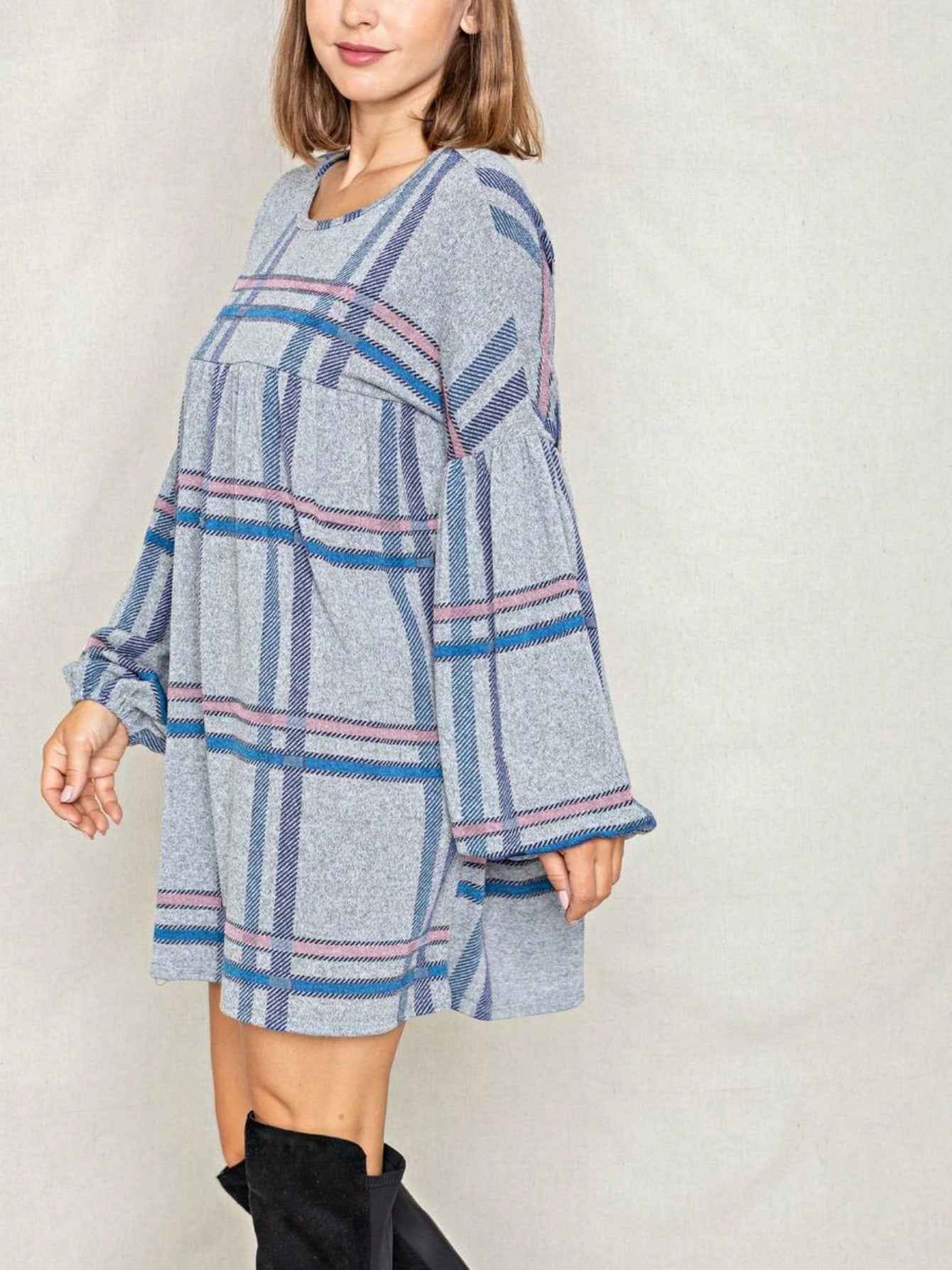 Boho Retro Knit Plaid Checker Floral Print Black Coral Cream Orange Off/One Shoulder Ruffle Sleeve Tiered Dress