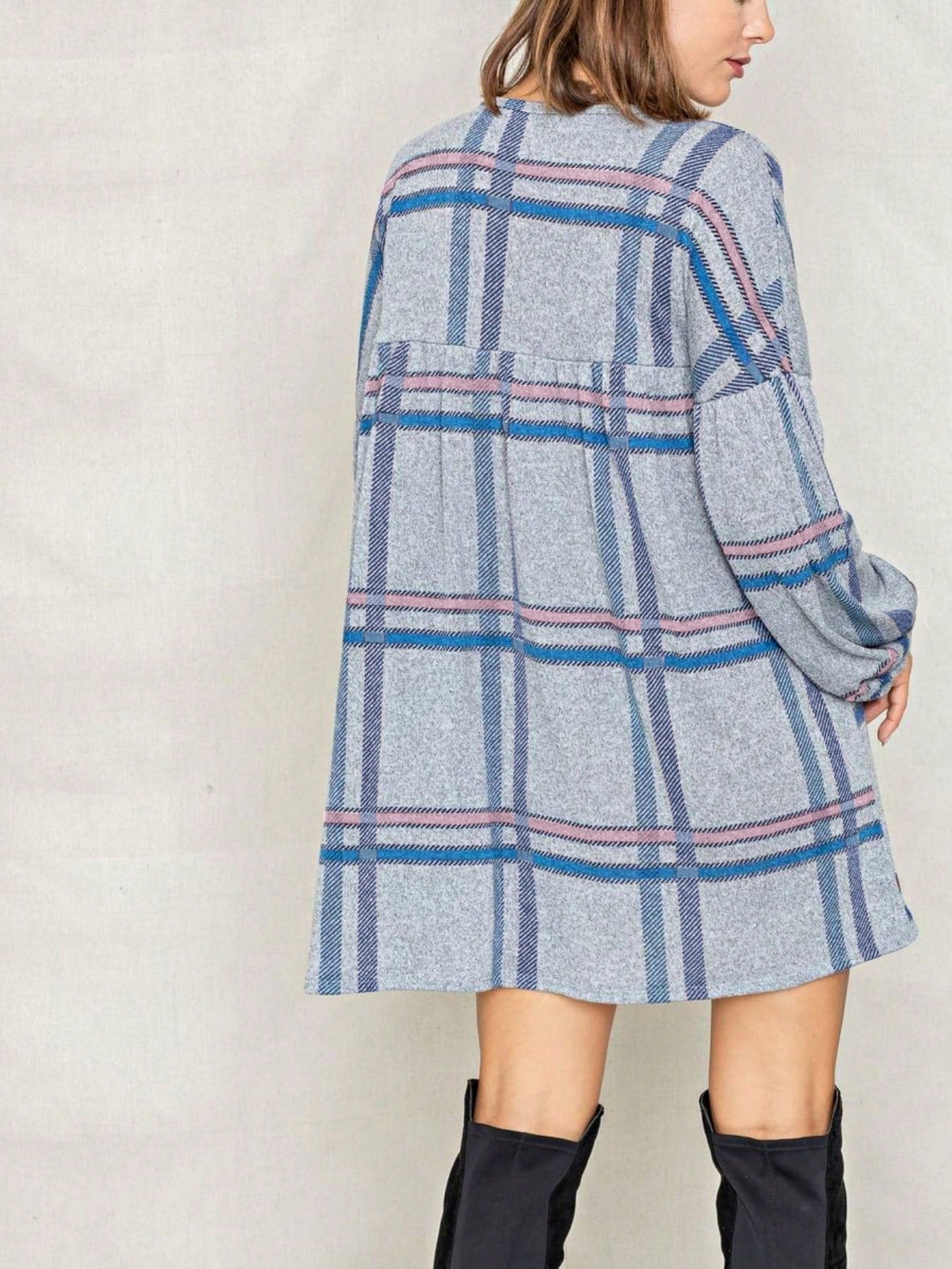 Boho Retro Knit Plaid Checker Floral Print Black Coral Cream Orange Off/One Shoulder Ruffle Sleeve Tiered Dress