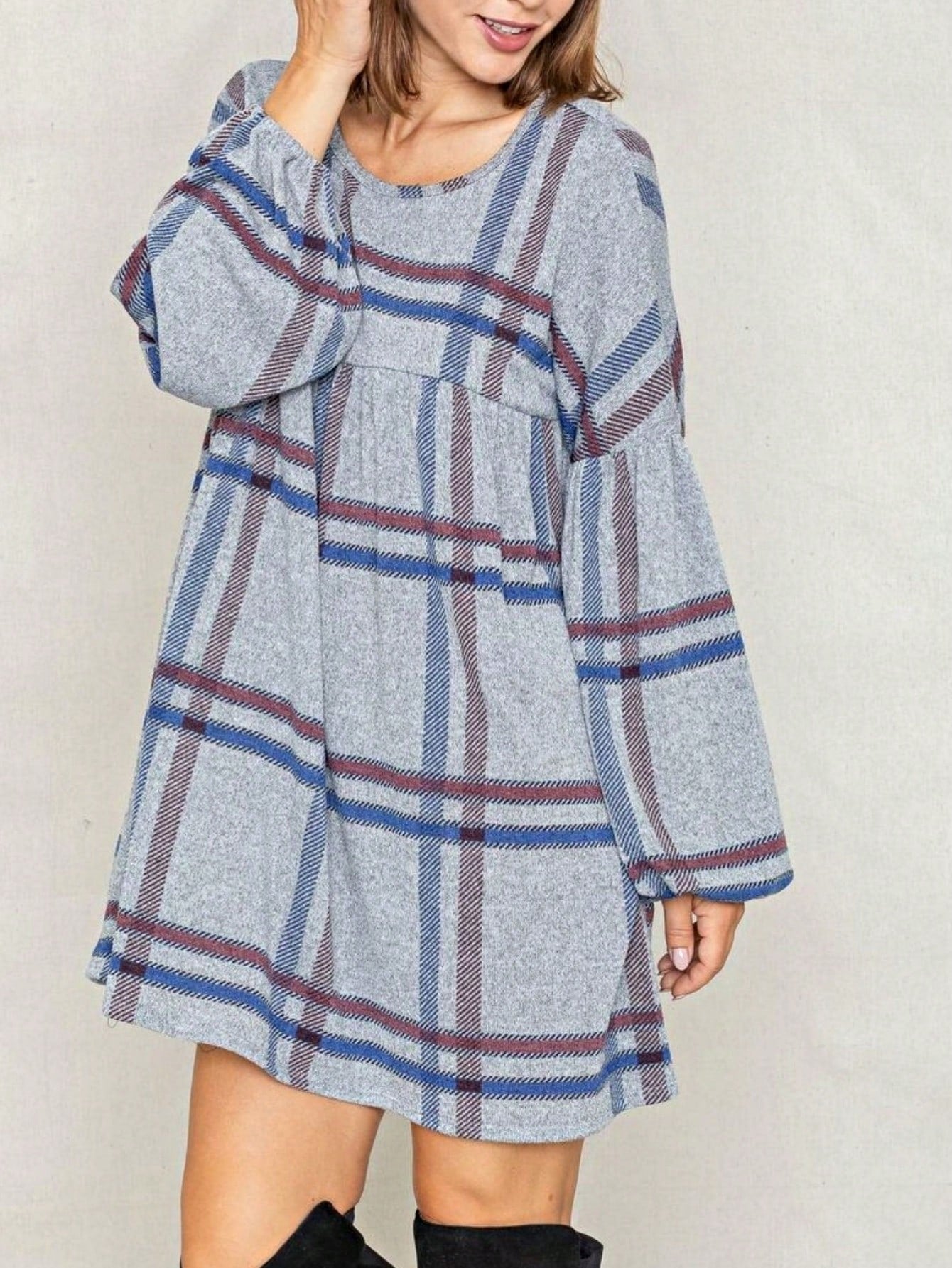 Boho Retro Knit Plaid Checker Floral Print Black Coral Cream Orange Off/One Shoulder Ruffle Sleeve Tiered Dress