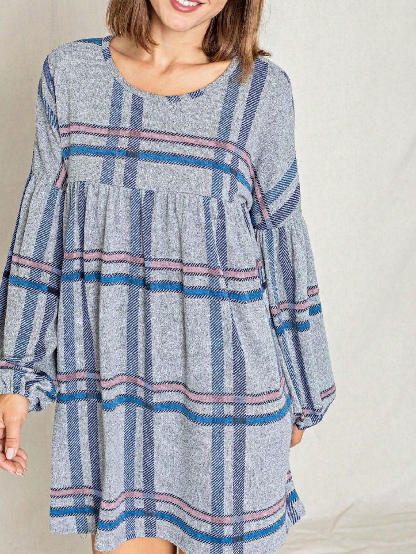 Boho Retro Knit Plaid Checker Floral Print Black Coral Cream Orange Off/One Shoulder Ruffle Sleeve Tiered Dress