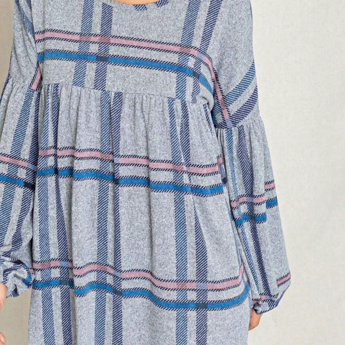 Boho Retro Knit Plaid Checker Floral Print Black Coral Cream Orange Off/One Shoulder Ruffle Sleeve Tiered Dress