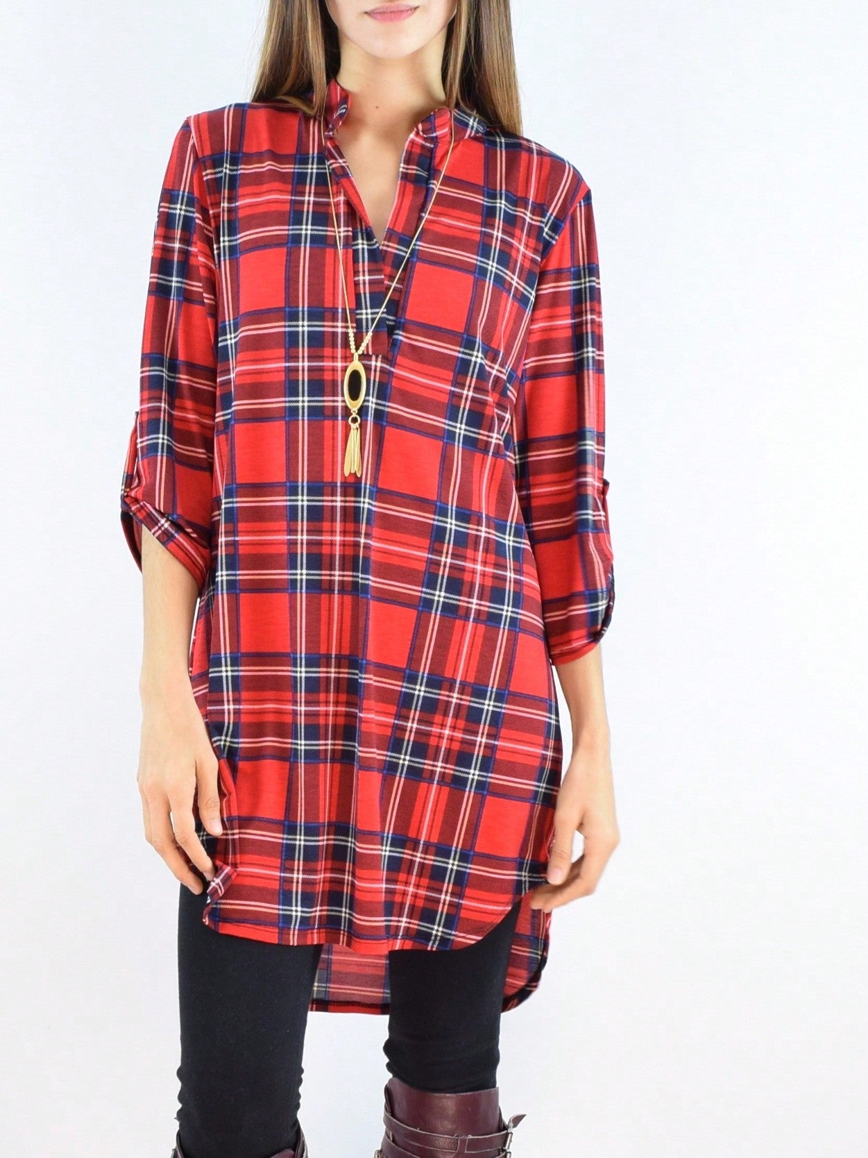 Boho Retro Stripe Plaid  Notch Neck Tab Sleeve  2K Shirt Tunic Shirt