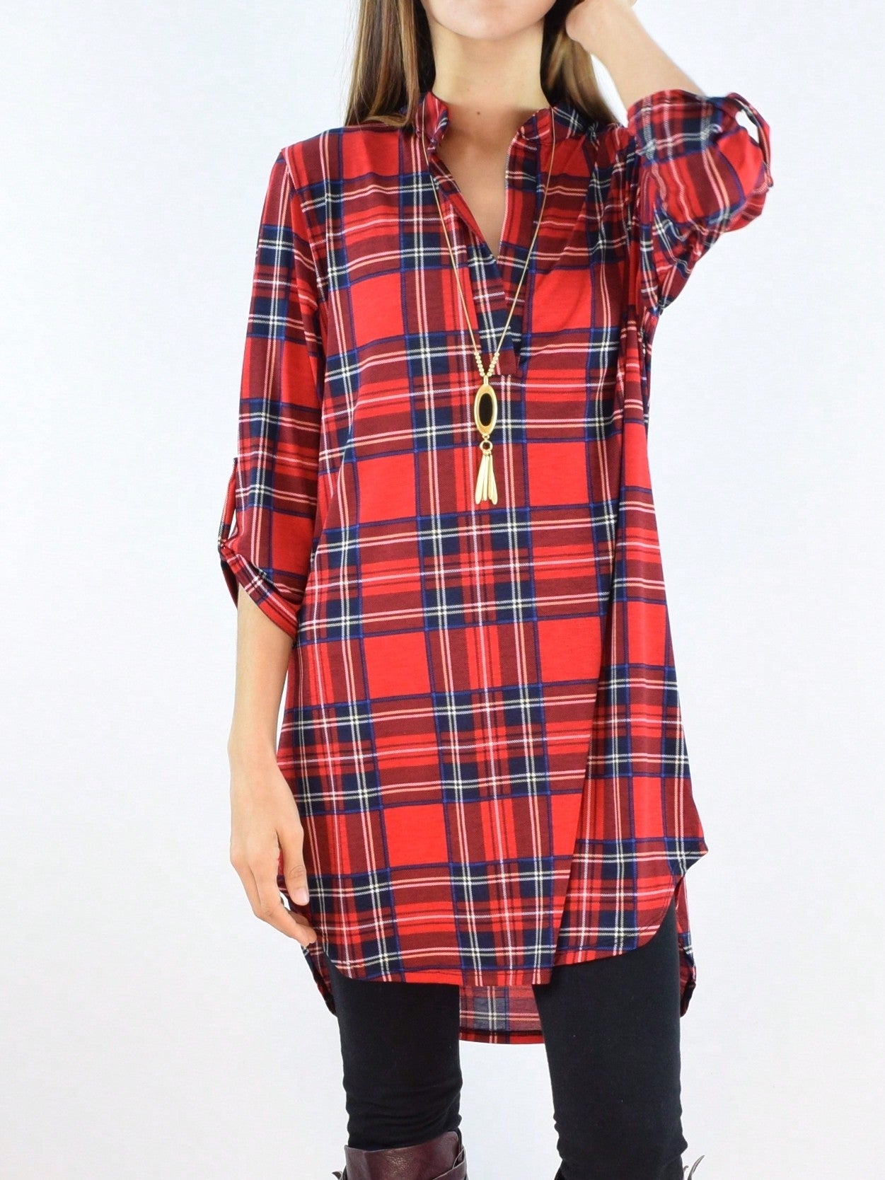 Boho Retro Stripe Plaid  Notch Neck Tab Sleeve  2K Shirt Tunic Shirt