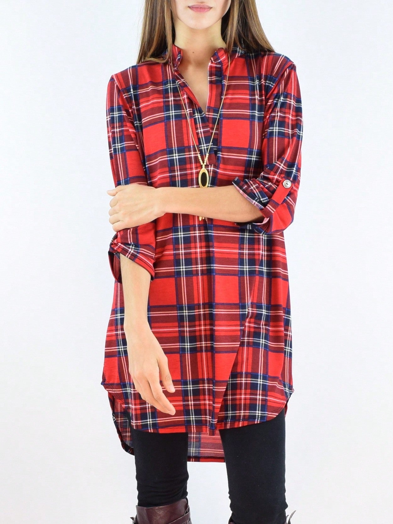 Boho Retro Stripe Plaid  Notch Neck Tab Sleeve  2K Shirt Tunic Shirt