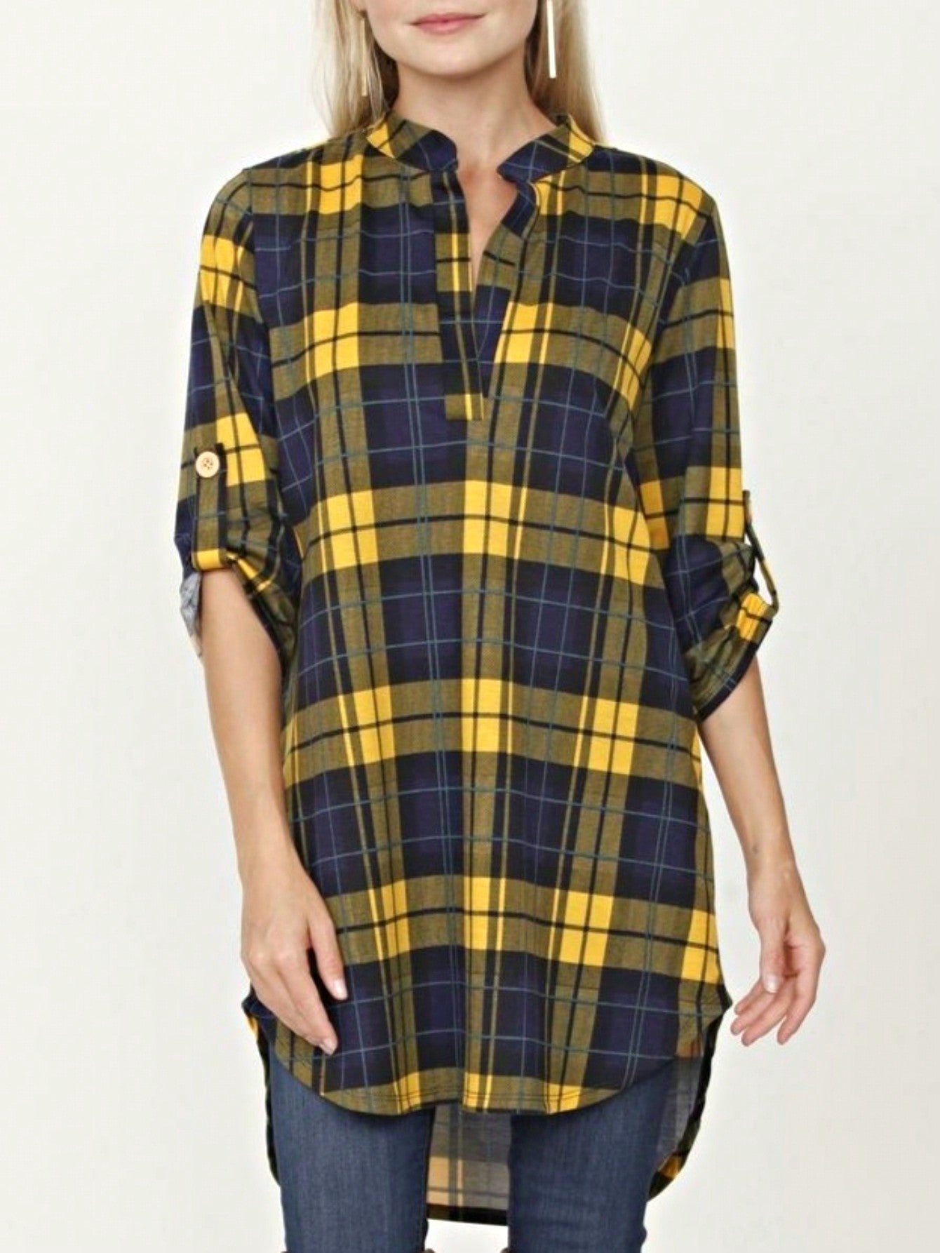 Boho Retro Stripe Plaid  Notch Neck Tab Sleeve  2K Shirt Tunic Shirt
