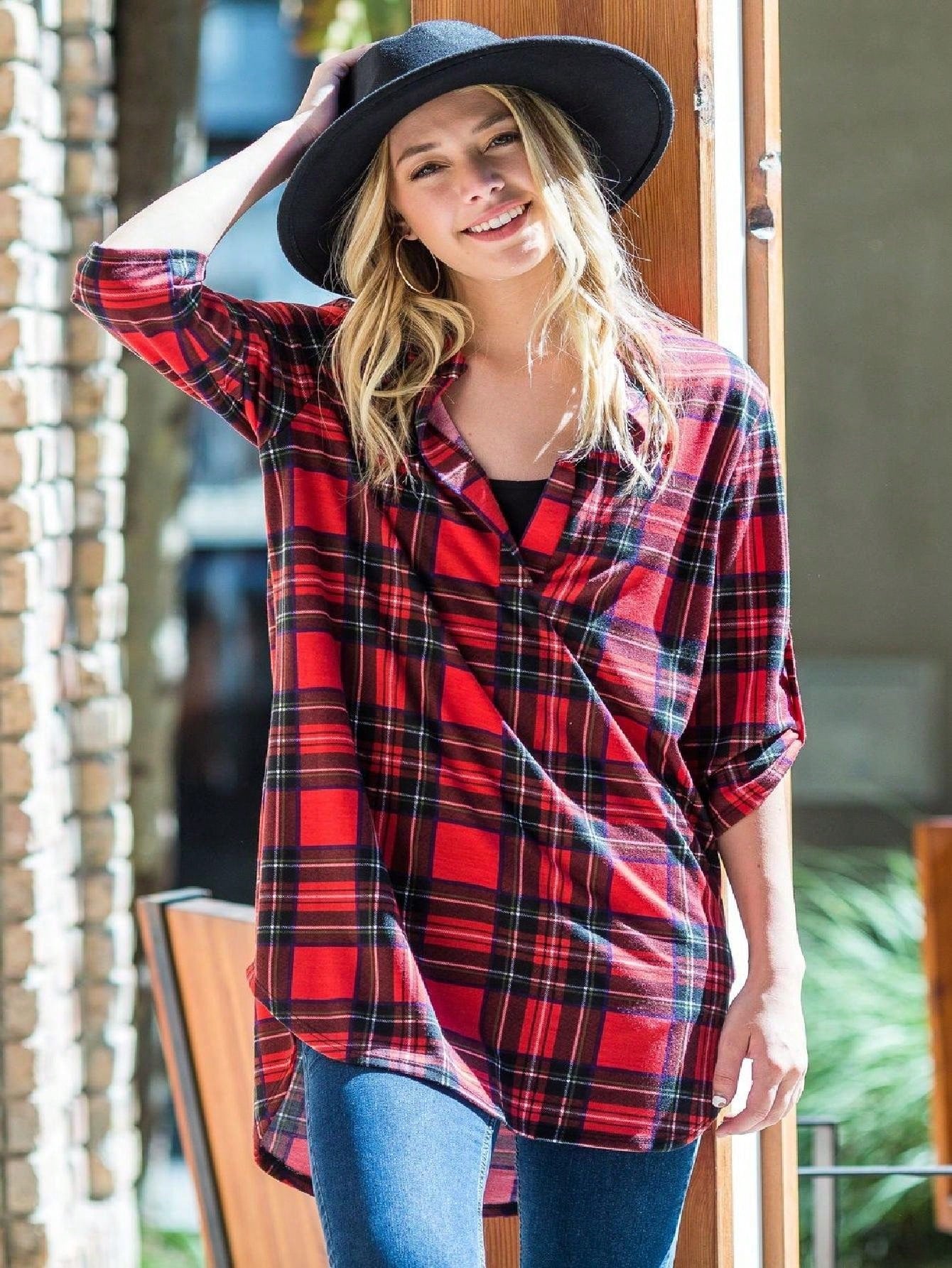 Boho Retro Stripe Plaid  Notch Neck Tab Sleeve  2K Shirt Tunic Shirt