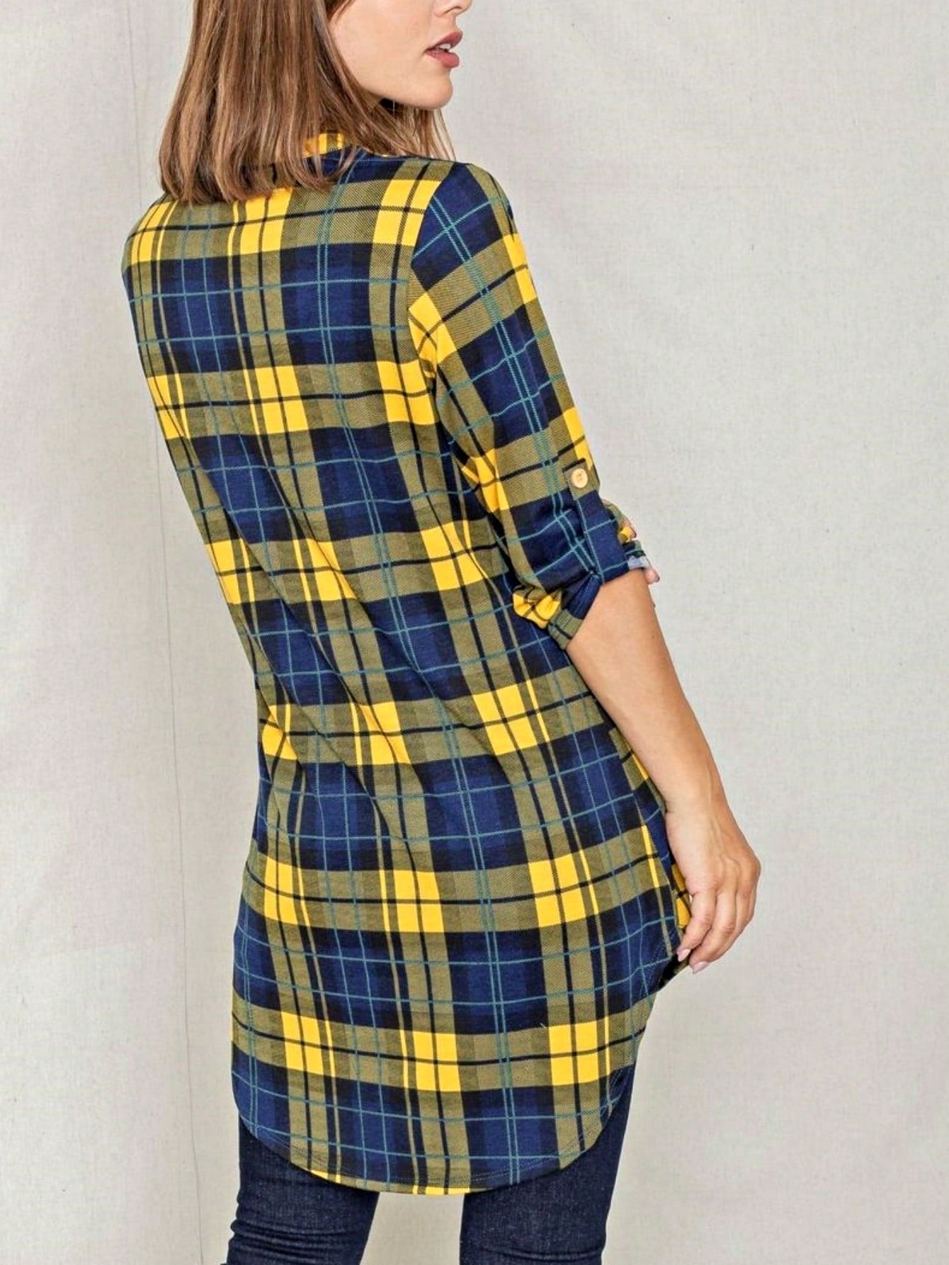 Boho Retro Stripe Plaid  Notch Neck Tab Sleeve  2K Shirt Tunic Shirt