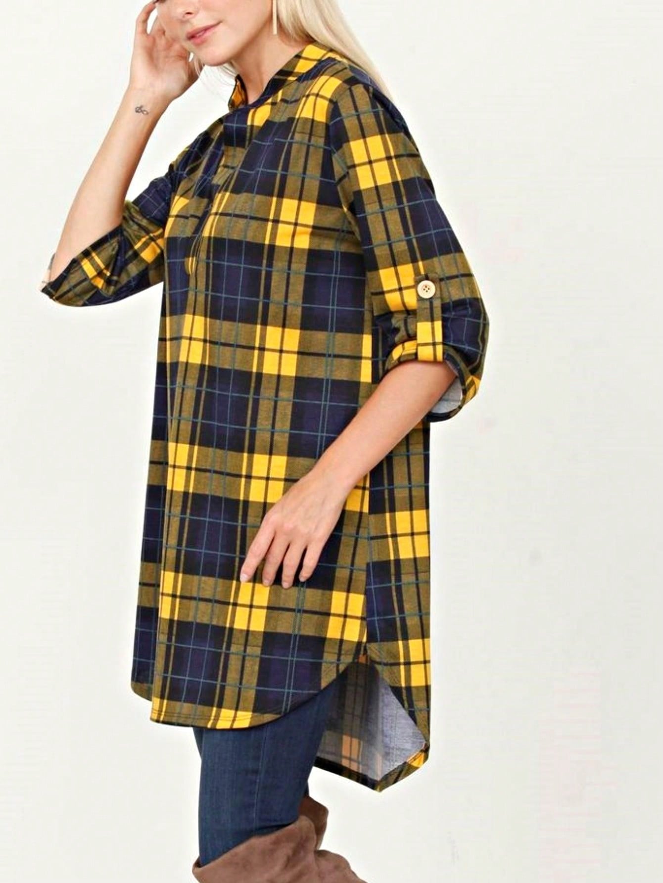 Boho Retro Stripe Plaid  Notch Neck Tab Sleeve  2K Shirt Tunic Shirt