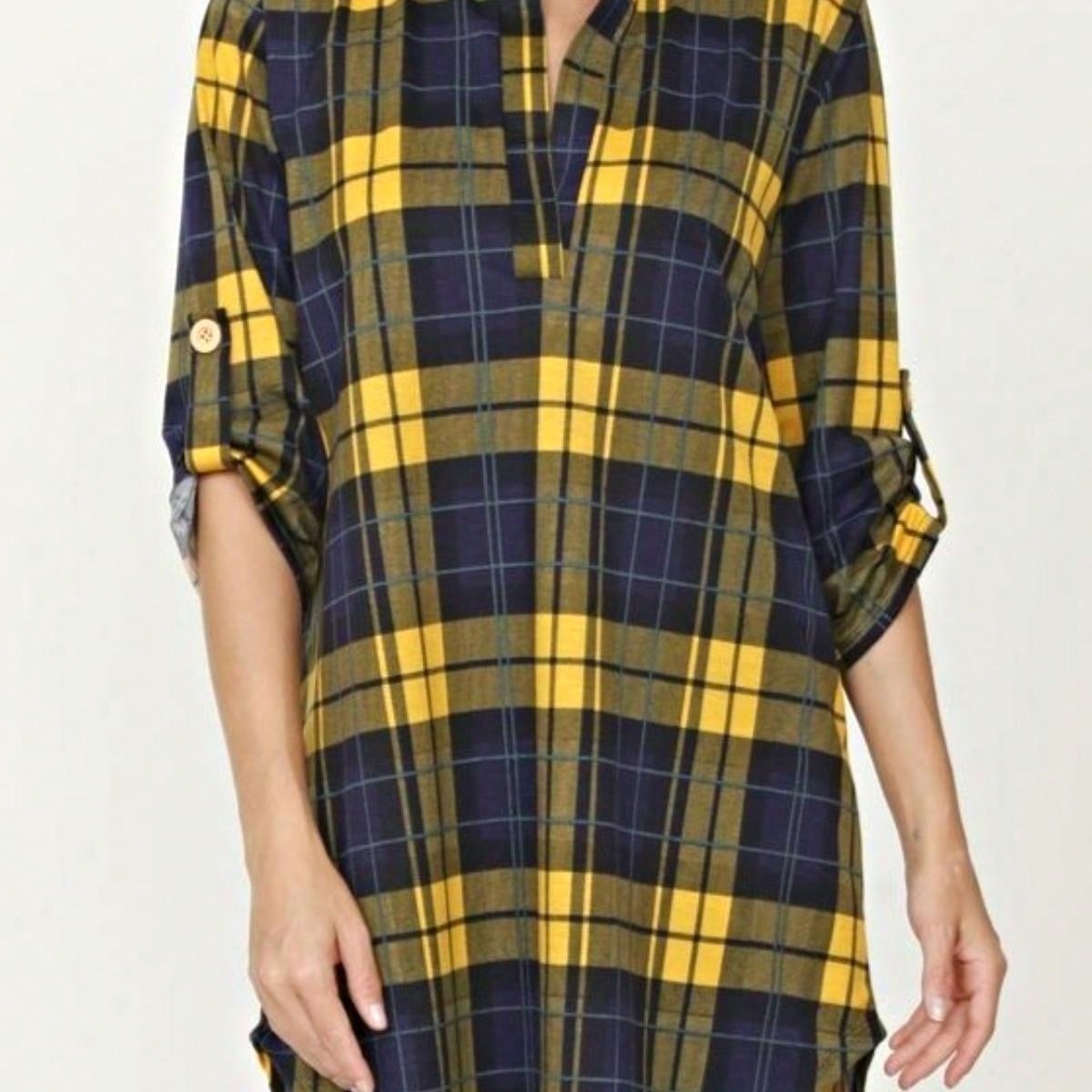 Boho Retro Stripe Plaid  Notch Neck Tab Sleeve  2K Shirt Tunic Shirt