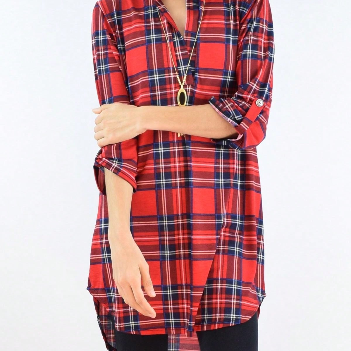 Boho Retro Stripe Plaid  Notch Neck Tab Sleeve  2K Shirt Tunic Shirt