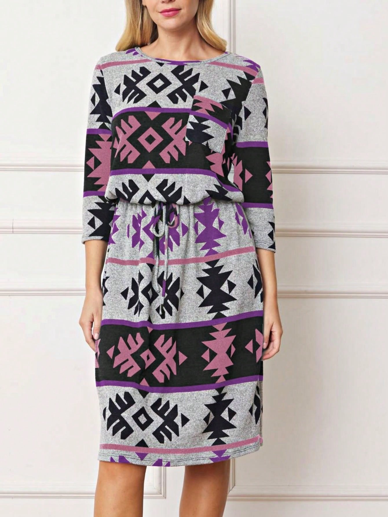 Boho Retro Half  Long Balloon Sleeve Ruffle Bell  Tiered Patch Work Flower Tiered Knit Dress