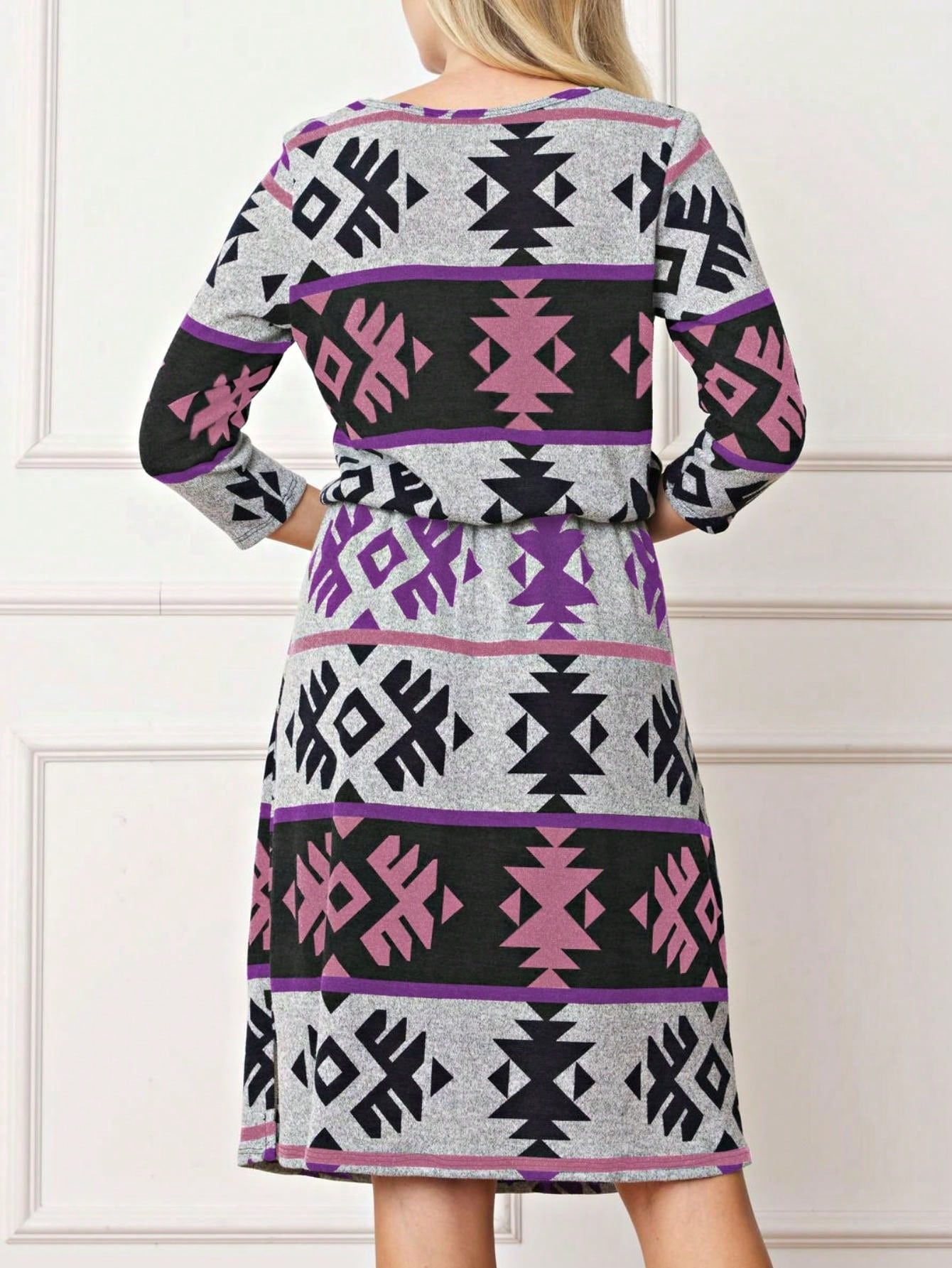 Boho Retro Half  Long Balloon Sleeve Ruffle Bell  Tiered Patch Work Flower Tiered Knit Dress