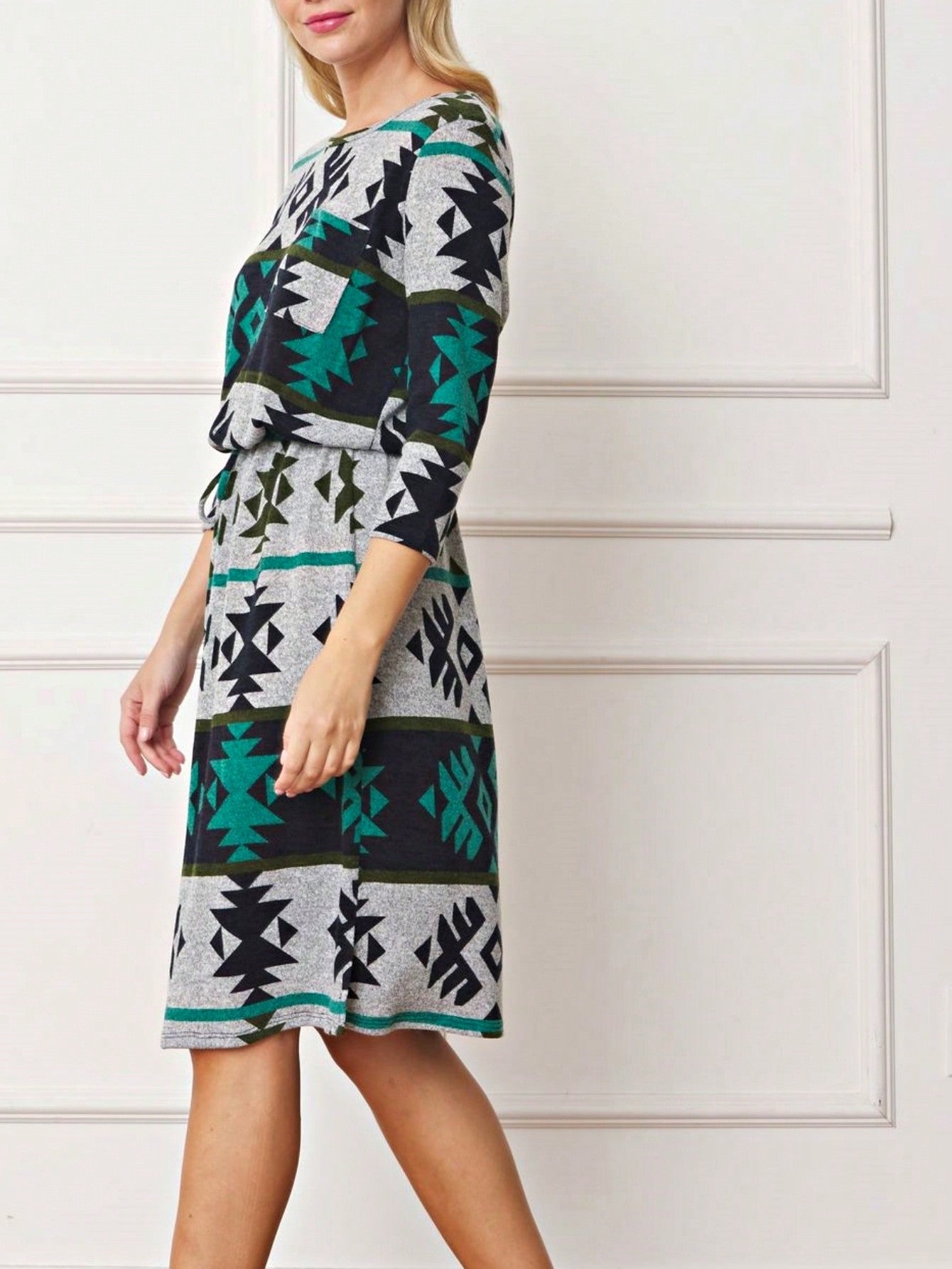 Boho Retro Half  Long Balloon Sleeve Ruffle Bell  Tiered Patch Work Flower Tiered Knit Dress