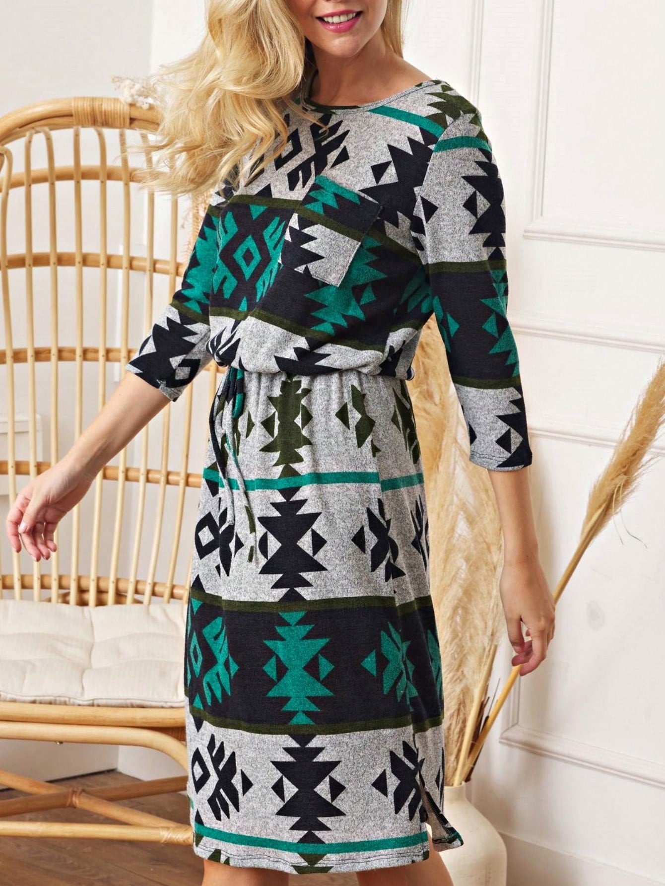 Boho Retro Half  Long Balloon Sleeve Ruffle Bell  Tiered Patch Work Flower Tiered Knit Dress