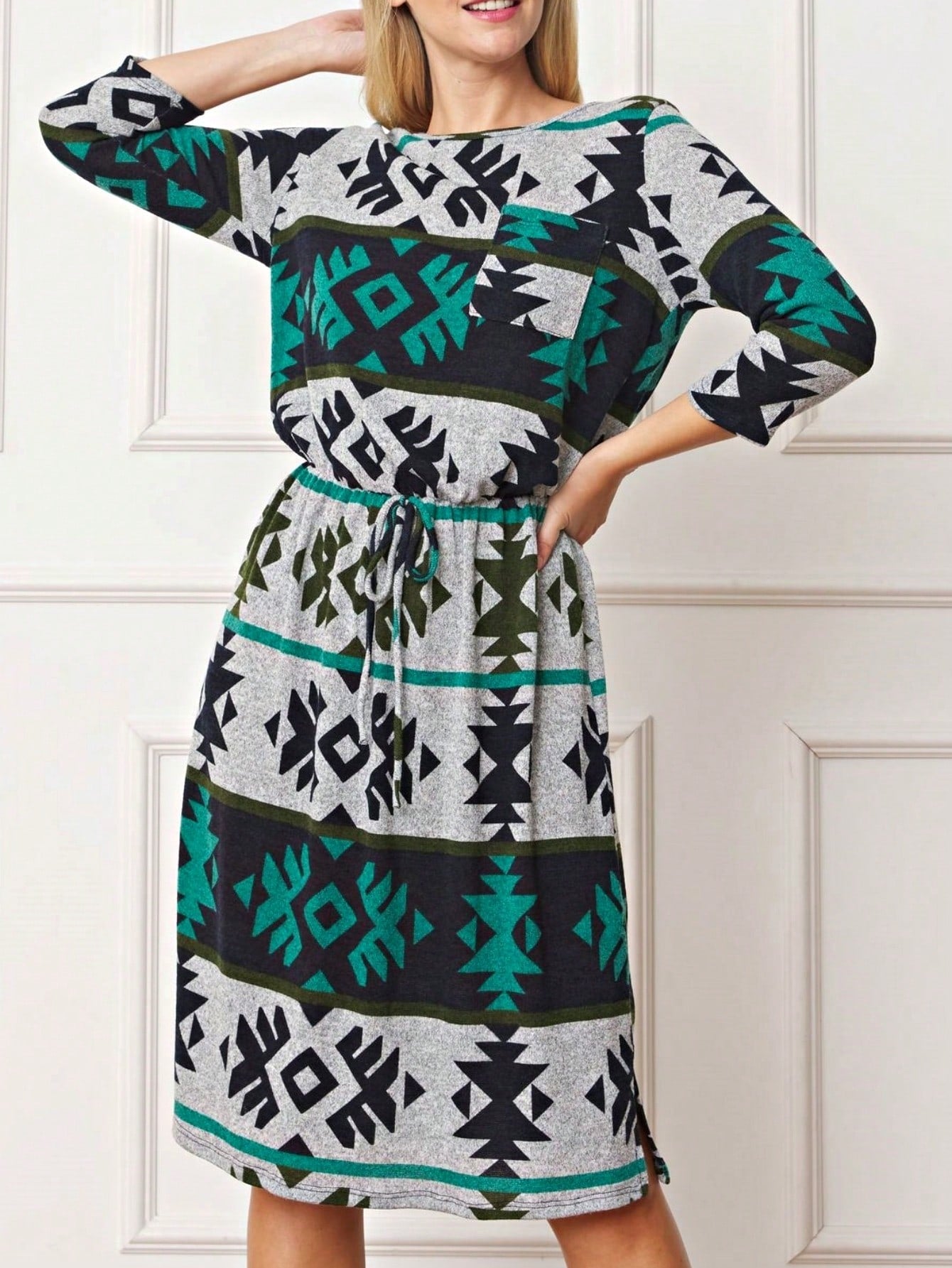 Boho Retro Half  Long Balloon Sleeve Ruffle Bell  Tiered Patch Work Flower Tiered Knit Dress