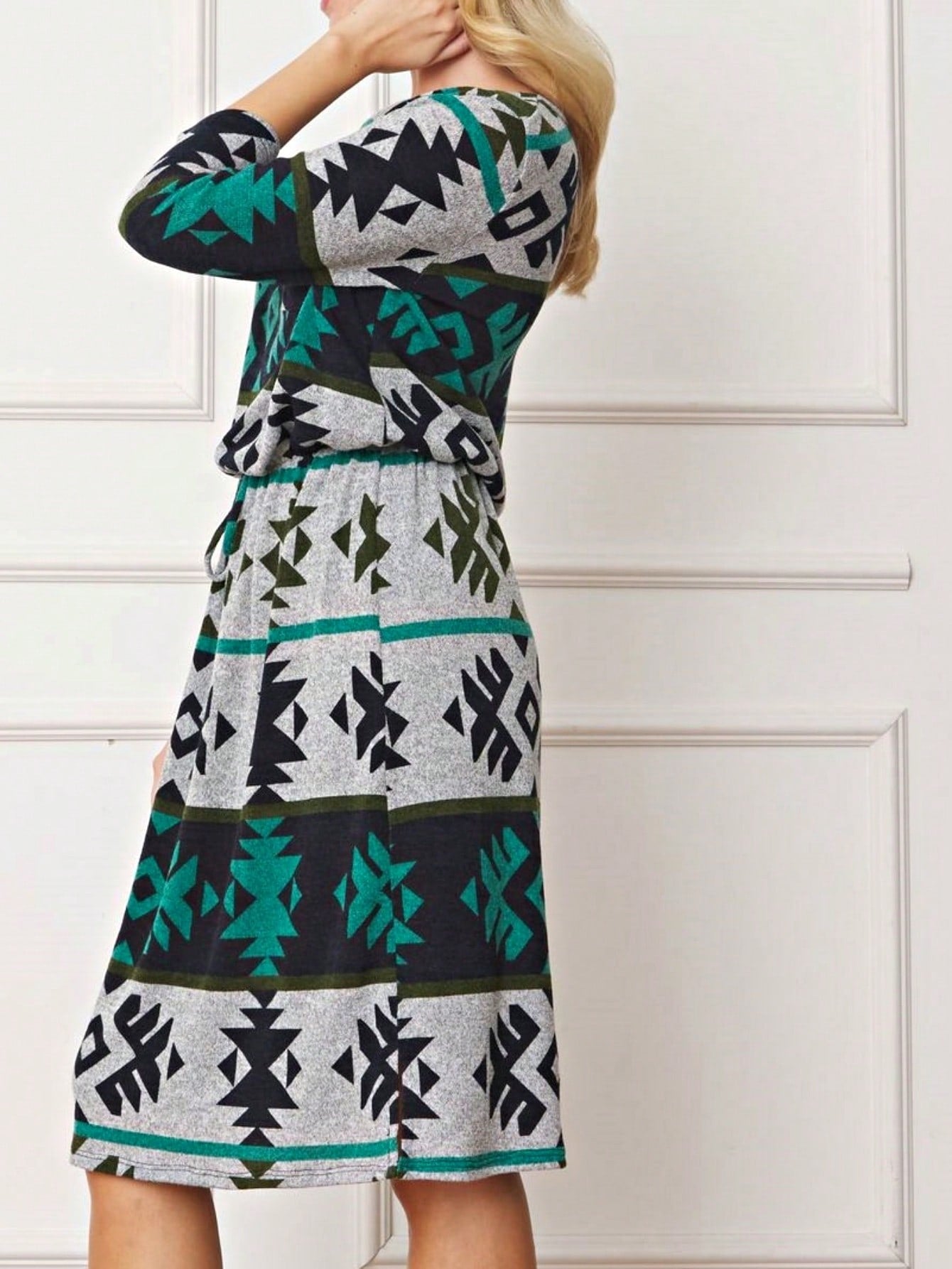 Boho Retro Half  Long Balloon Sleeve Ruffle Bell  Tiered Patch Work Flower Tiered Knit Dress
