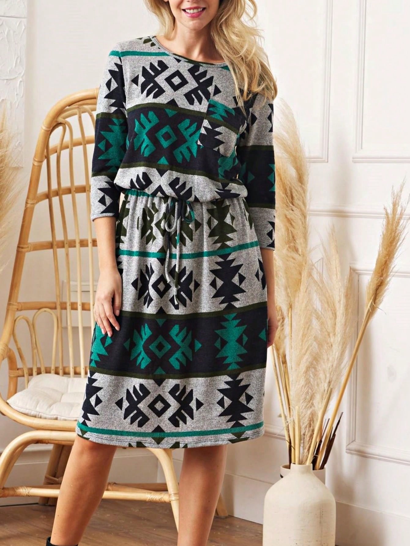 Boho Retro Half  Long Balloon Sleeve Ruffle Bell  Tiered Patch Work Flower Tiered Knit Dress