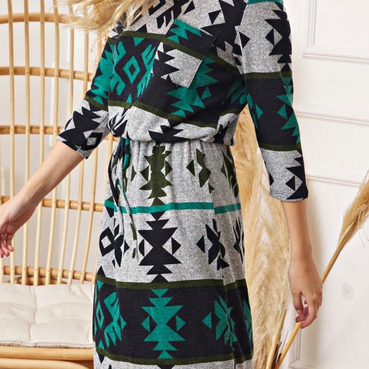 Boho Retro Half  Long Balloon Sleeve Ruffle Bell  Tiered Patch Work Flower Tiered Knit Dress