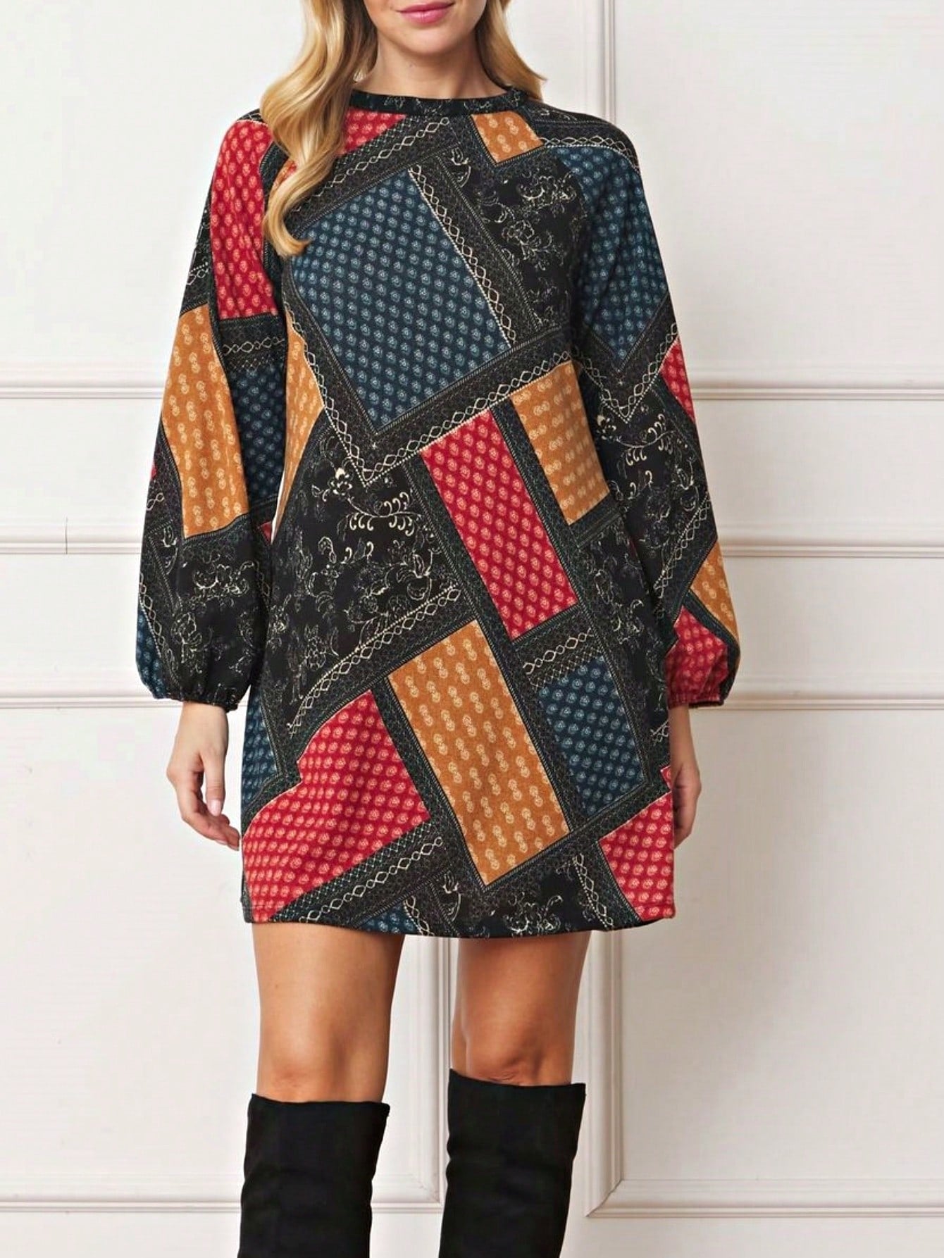 Summer Boho Retro Ditsy Floral  Notch Neck Bubble Sleeve Y2K Tiered Color Block Dress|  Small -3 XL