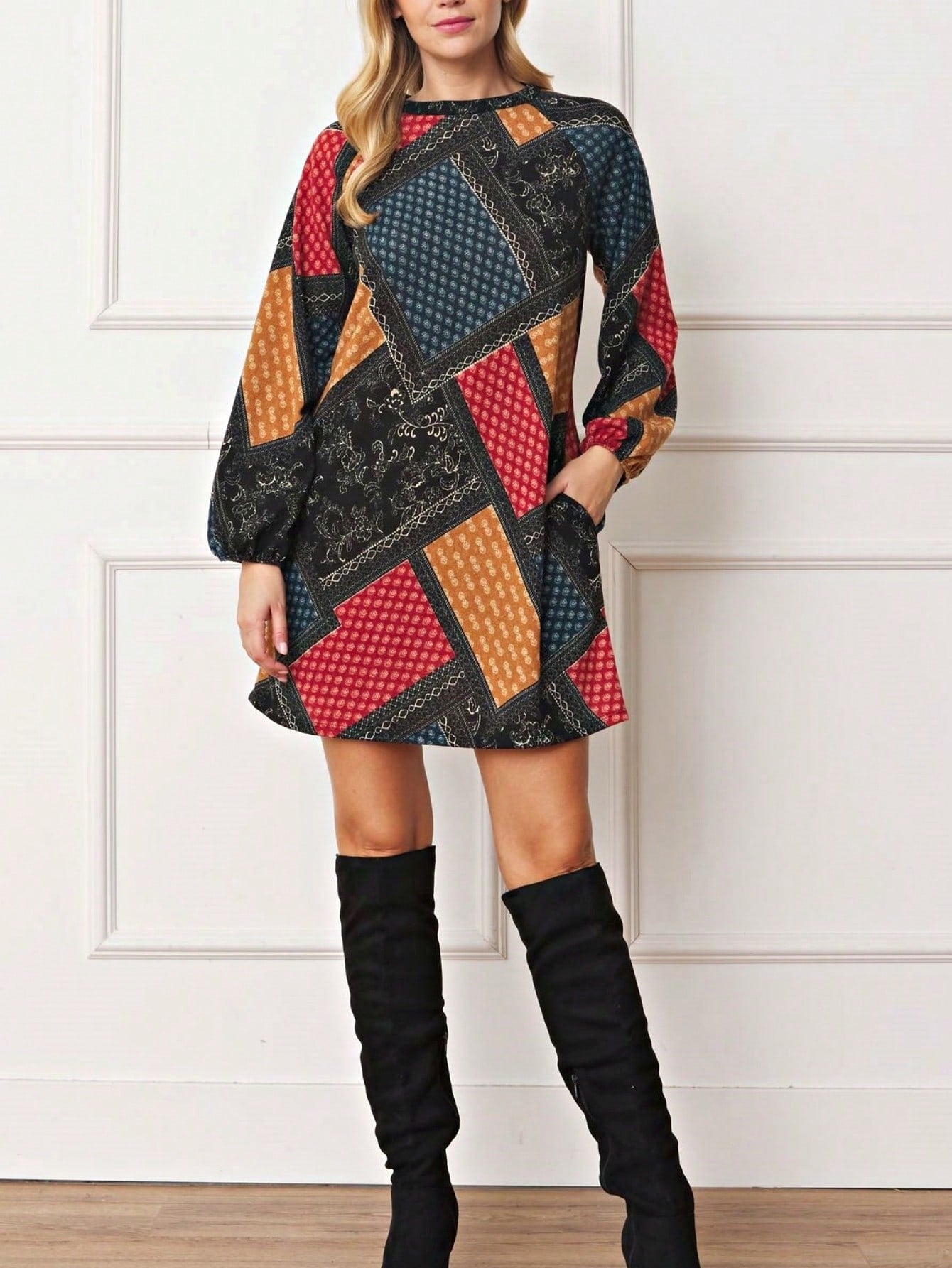 Summer Boho Retro Ditsy Floral  Notch Neck Bubble Sleeve Y2K Tiered Color Block Dress|  Small -3 XL