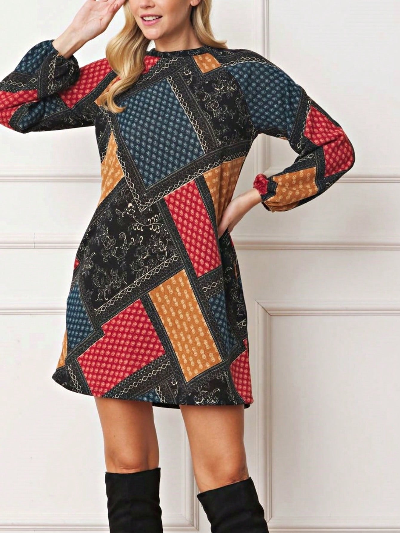 Summer Boho Retro Ditsy Floral  Notch Neck Bubble Sleeve Y2K Tiered Color Block Dress|  Small -3 XL