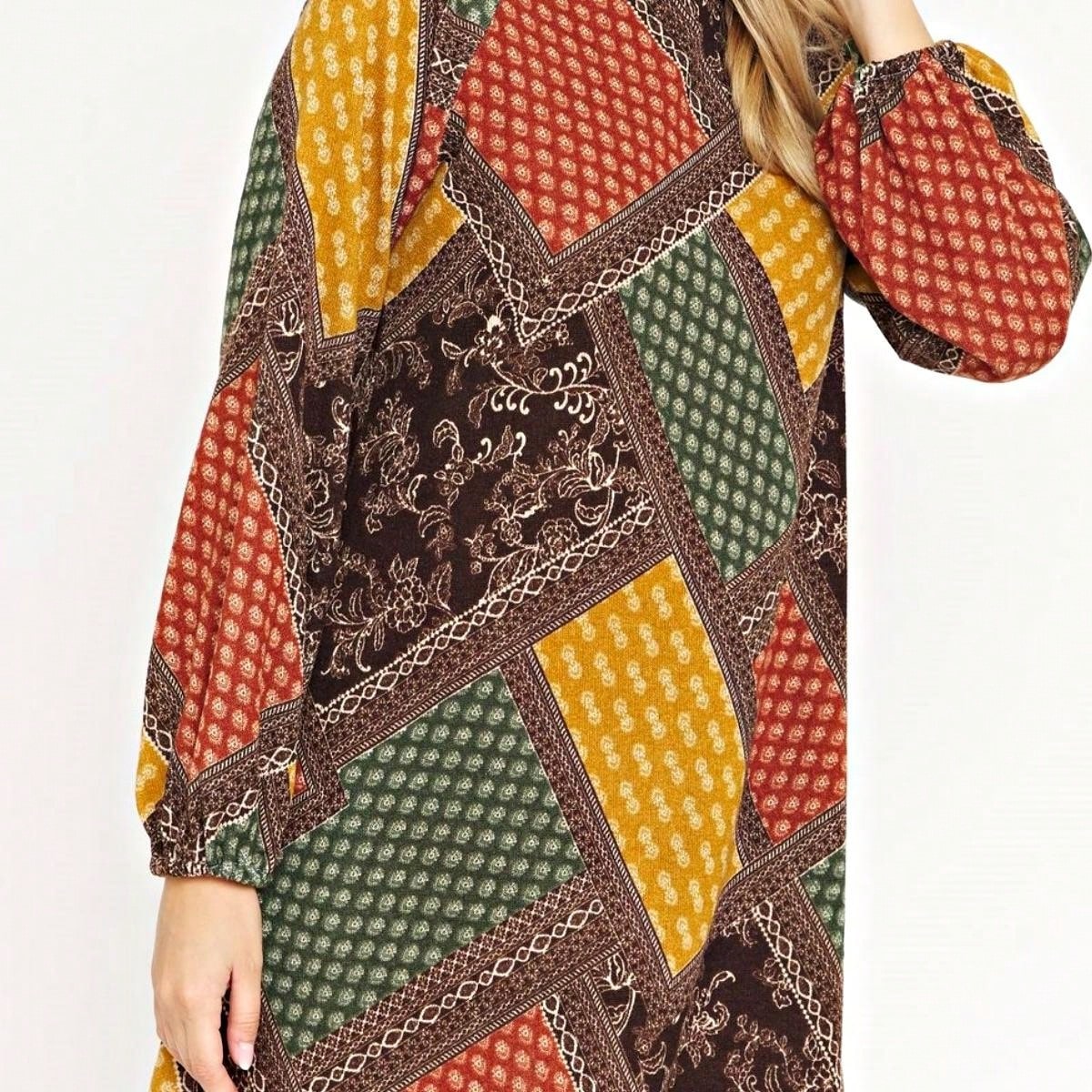 Summer Boho Retro Ditsy Floral  Notch Neck Bubble Sleeve Y2K Tiered Color Block Dress|  Small -3 XL